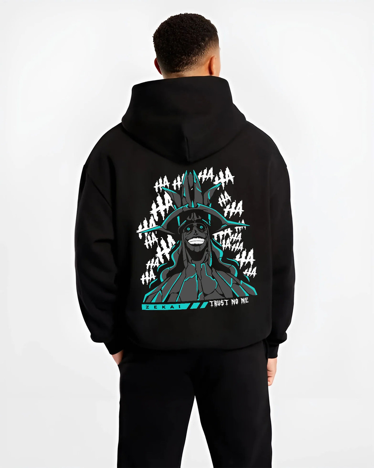 Smiling Statue of God from Solo Leveling Cartenon Temple on hoodie model back view