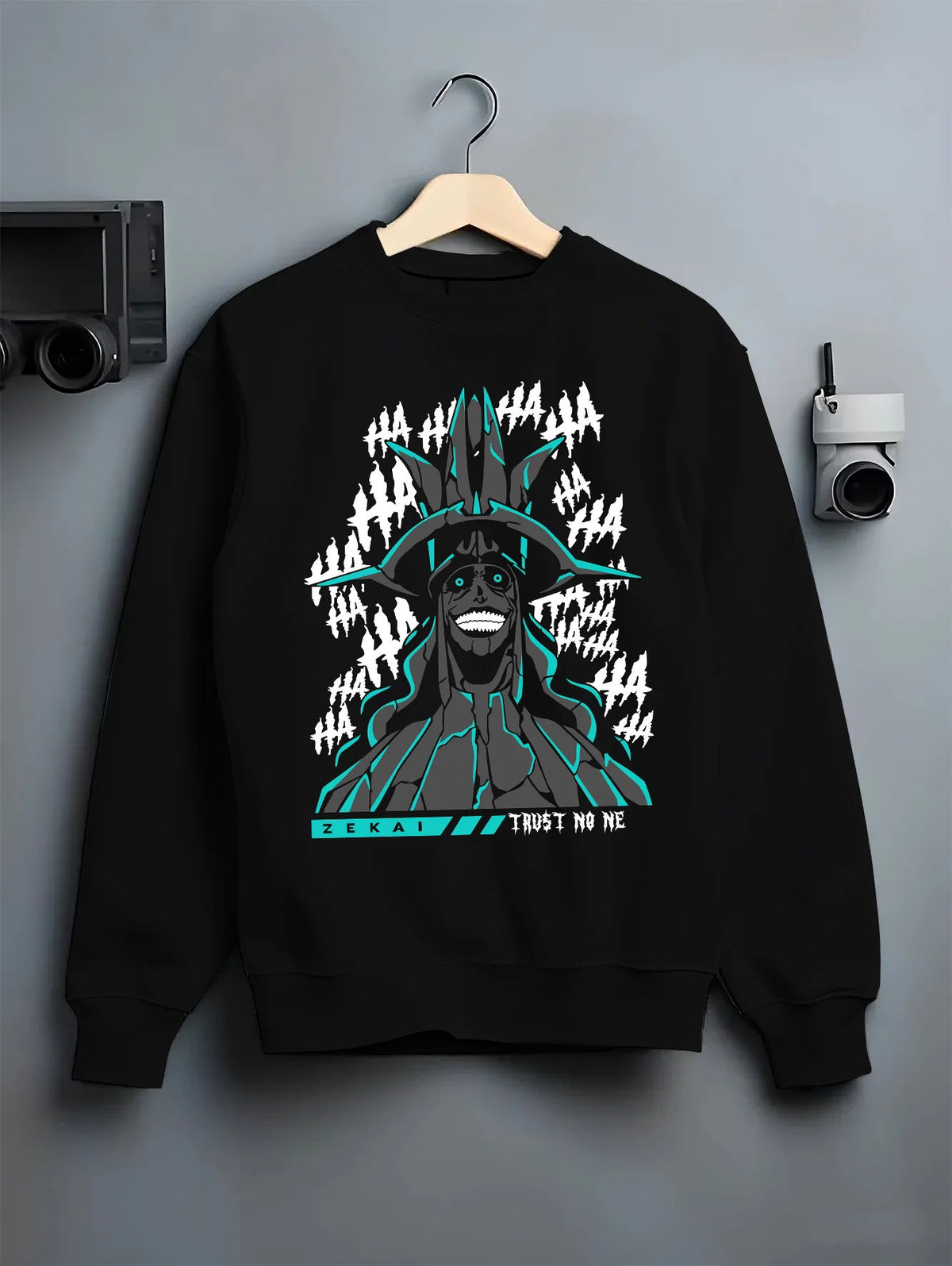 Smiling Statue of God from Solo Leveling Cartenon Temple on crewneck sweatshirt hanger