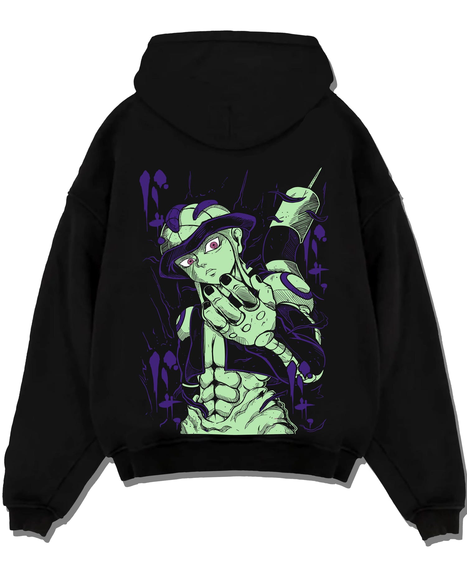 Black pullover hoodie laid flat with Meruem Hoodie Hunter x Hunter Chimera Ant King graphic Meruem anime design.