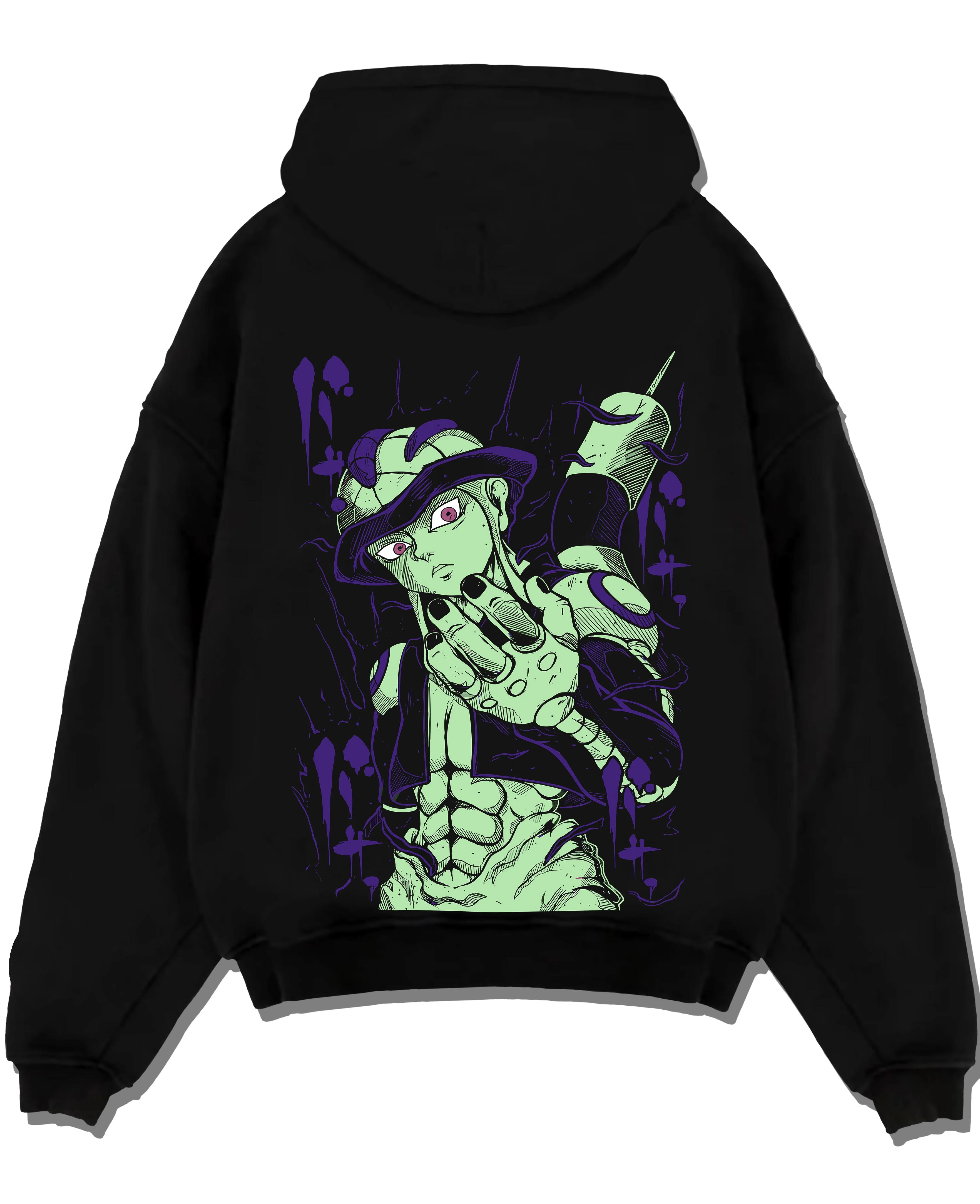 Black pullover hoodie laid flat with Meruem Hoodie Hunter x Hunter Chimera Ant King graphic Meruem anime design.