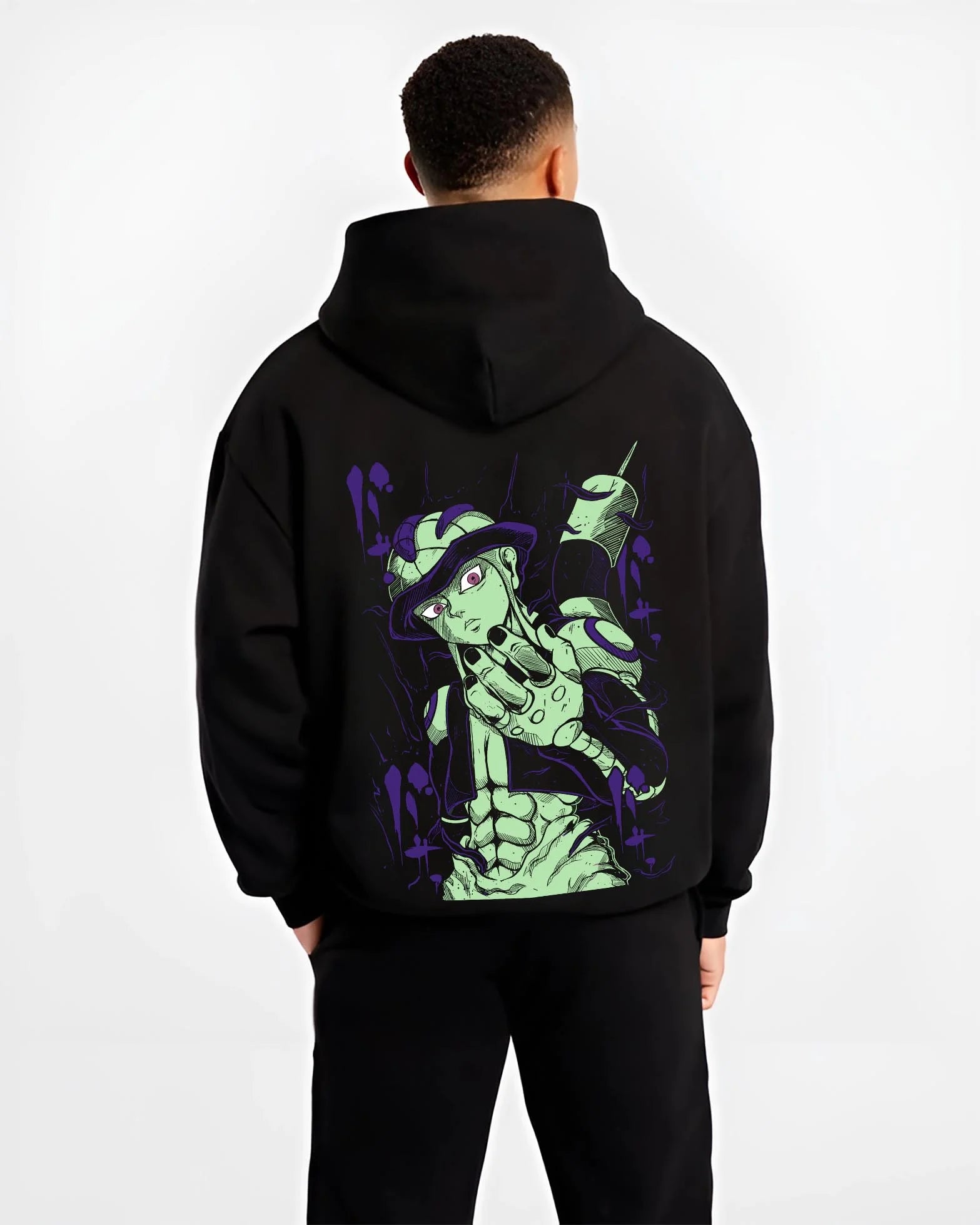 Black hoodie worn by male model, back view with Meruem Hoodie Hunter x Hunter Chimera Ant King graphic premium wear.