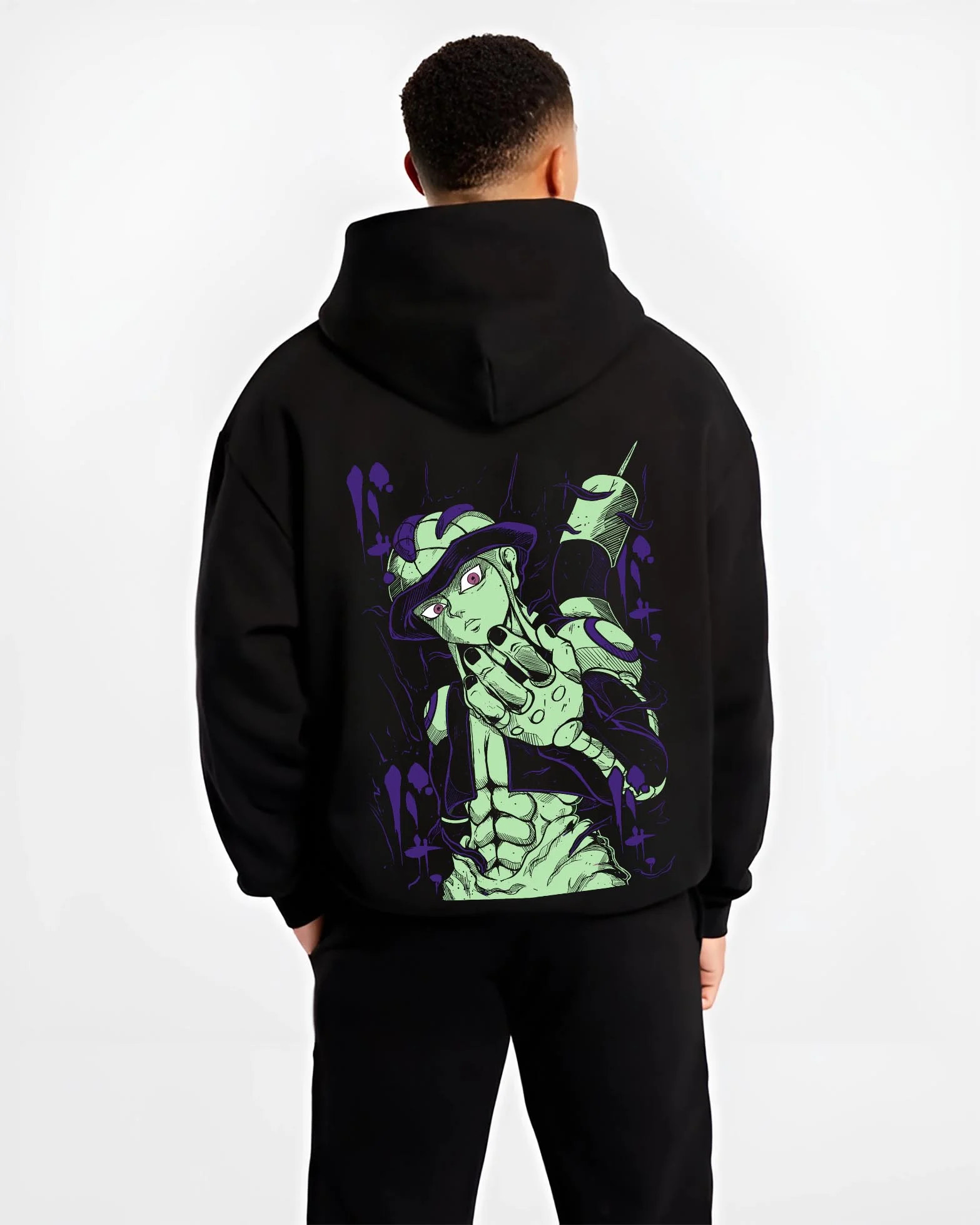 Black hoodie worn by male model, back view with Meruem Hoodie Hunter x Hunter Chimera Ant King graphic premium wear.