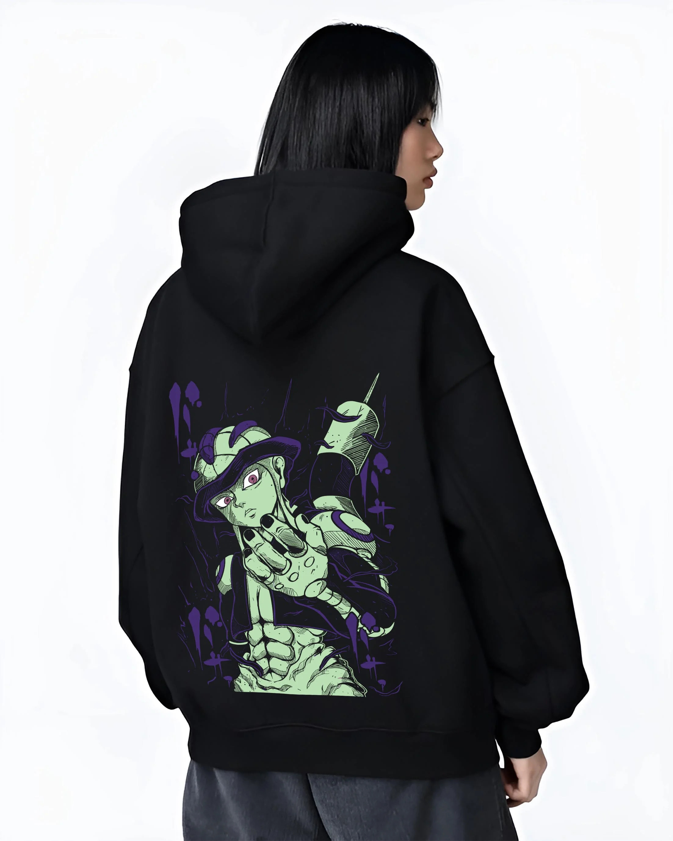 Black hoodie worn by female model, back view with Meruem Hoodie Hunter x Hunter Chimera Ant King graphic Meruem anime design.