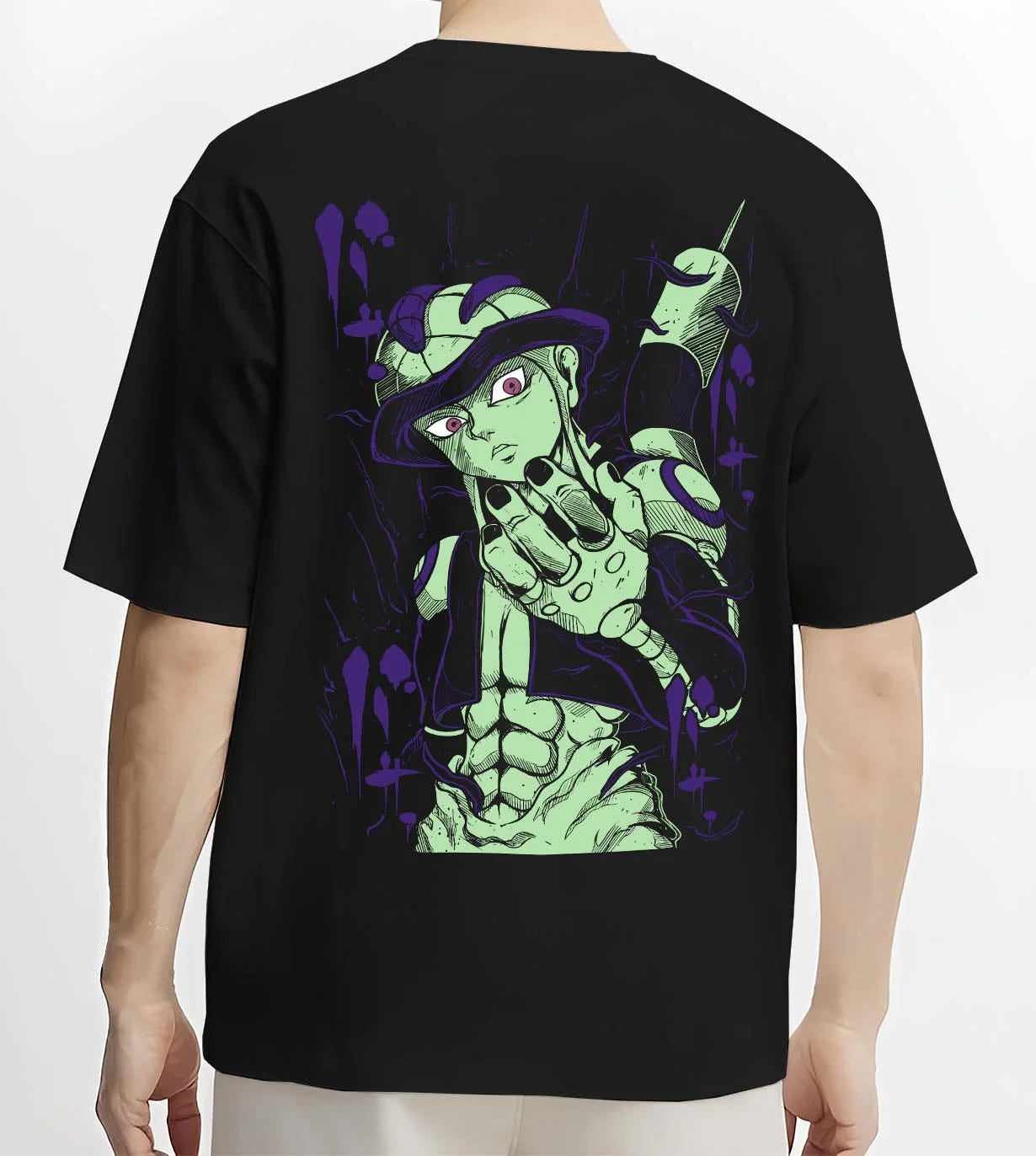 Black T-shirt worn by male model, back view with Meruem Hoodie Hunter x Hunter Chimera Ant King graphic streetwear graphic.