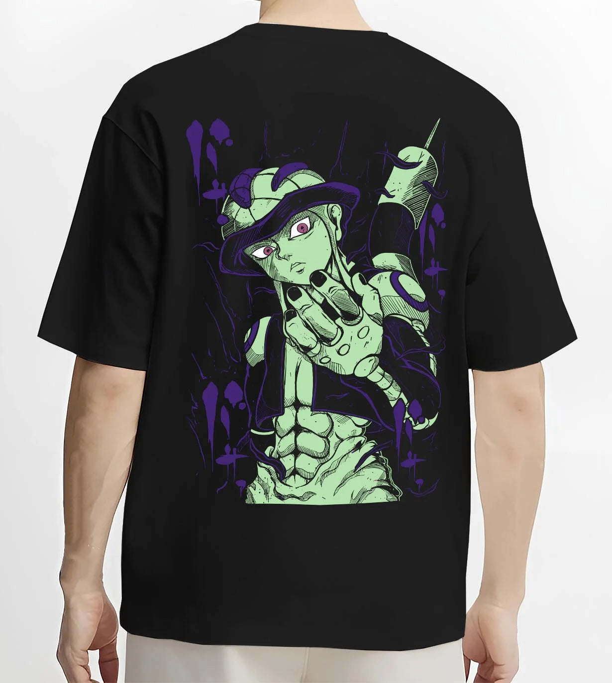 Black T-shirt worn by male model, back view with Meruem Hoodie Hunter x Hunter Chimera Ant King graphic streetwear graphic.