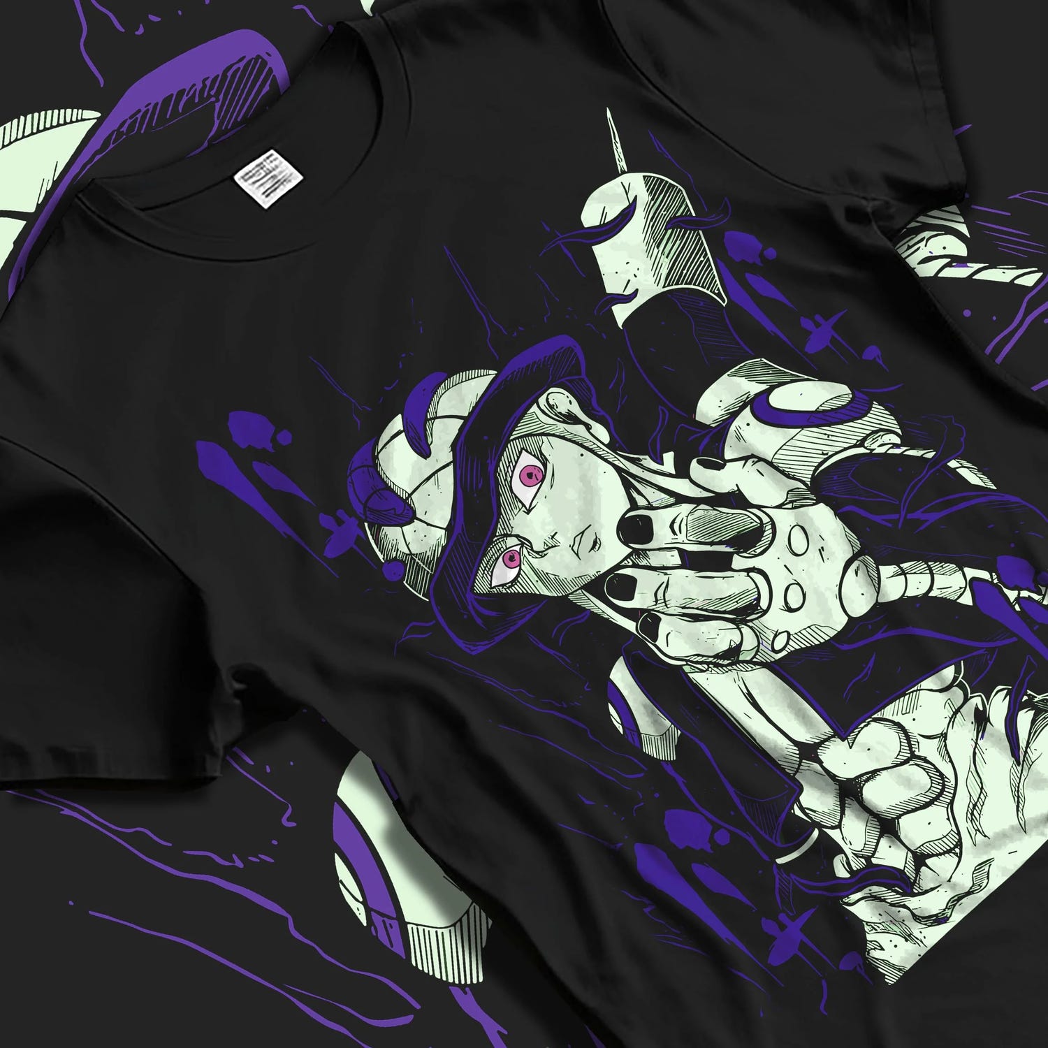 Black T-shirt laid flat with natural folds with Meruem Hoodie Hunter x Hunter Chimera Ant King graphic bold anime graphic.