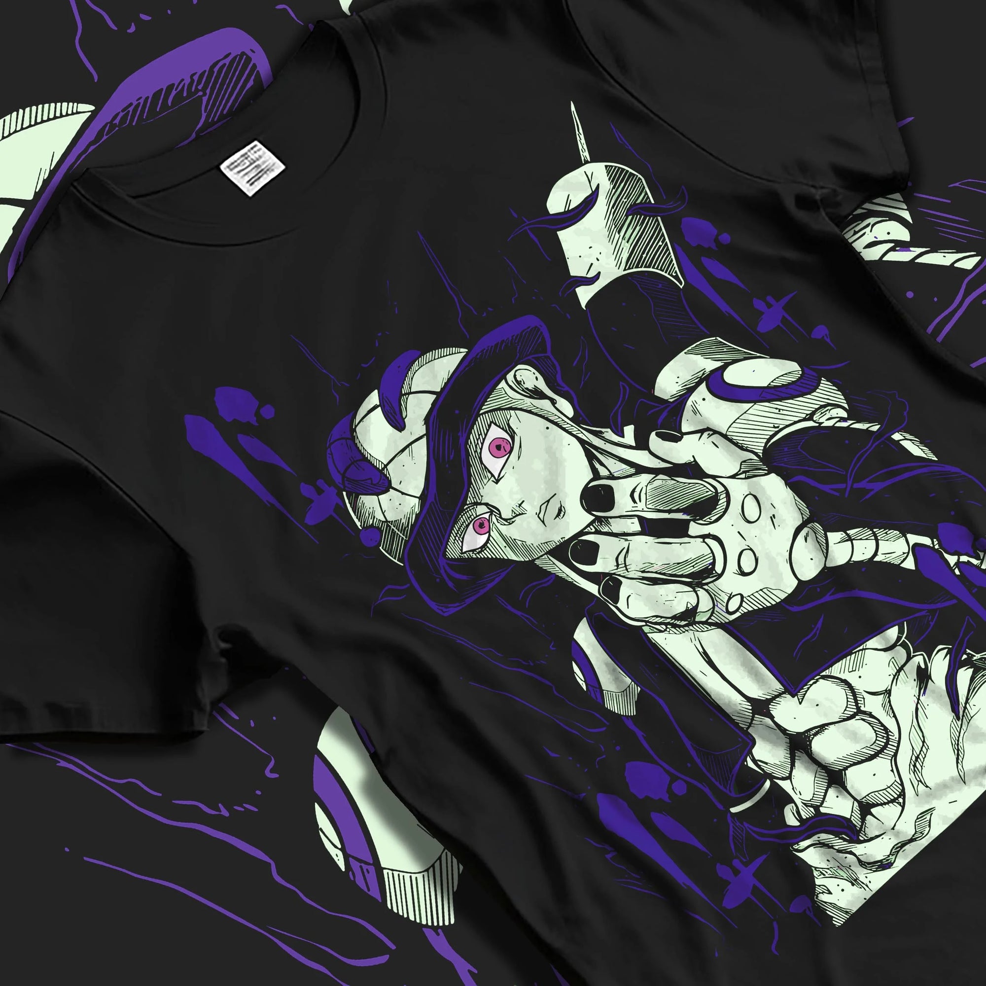 Black T-shirt laid flat with natural folds with Meruem Hoodie Hunter x Hunter Chimera Ant King graphic bold anime graphic.