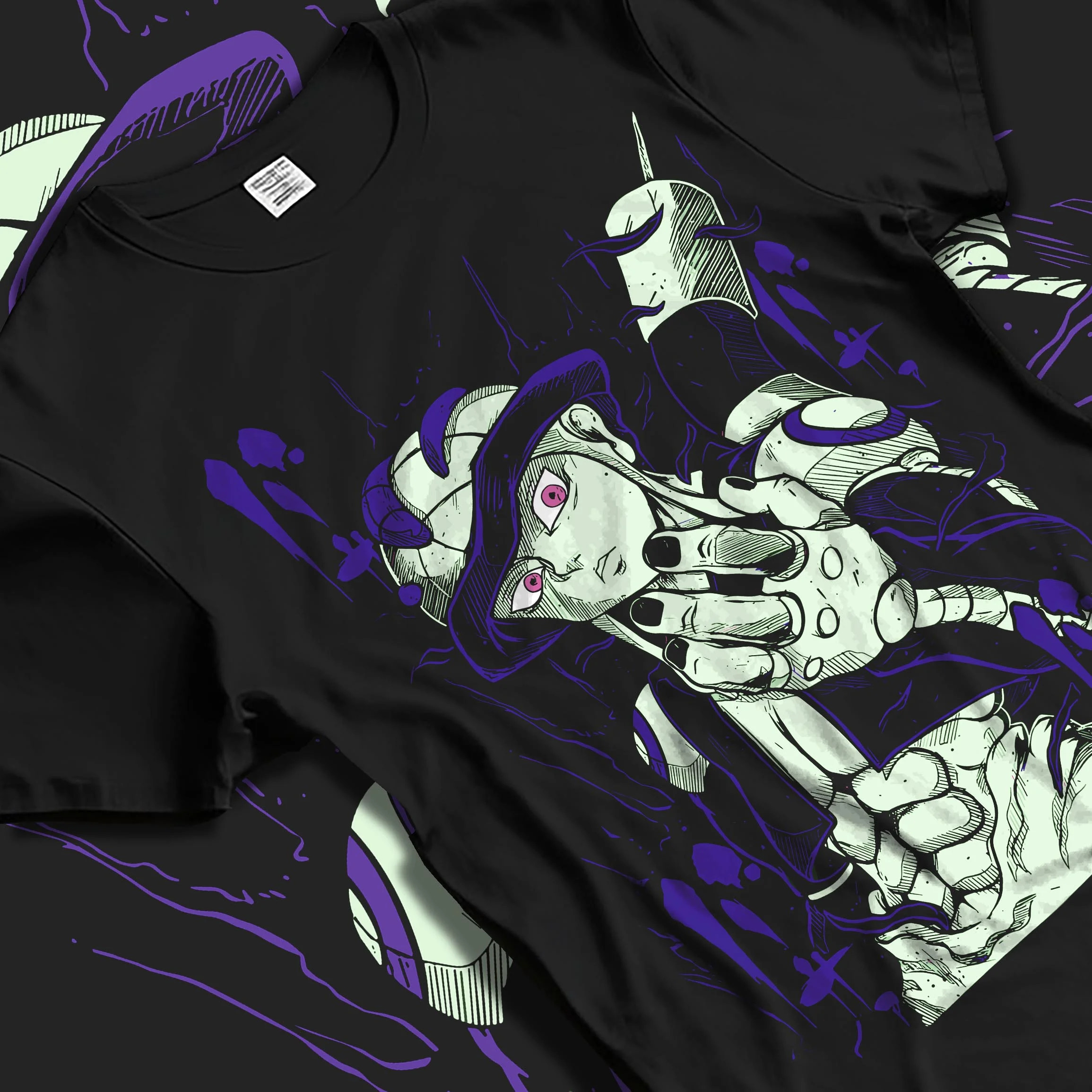 Black T-shirt laid flat with natural folds with Meruem Hoodie Hunter x Hunter Chimera Ant King graphic bold anime graphic.
