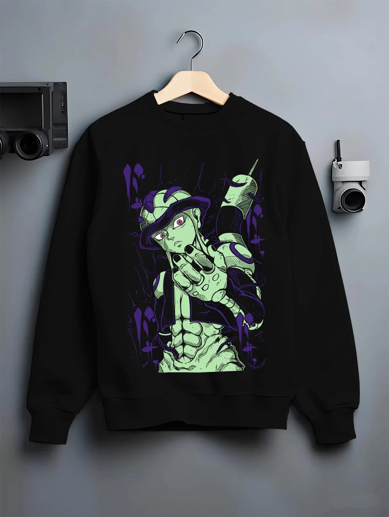 Black crewneck sweatshirt on hanger with Meruem Hoodie Hunter x Hunter Chimera Ant King graphic premium wear.