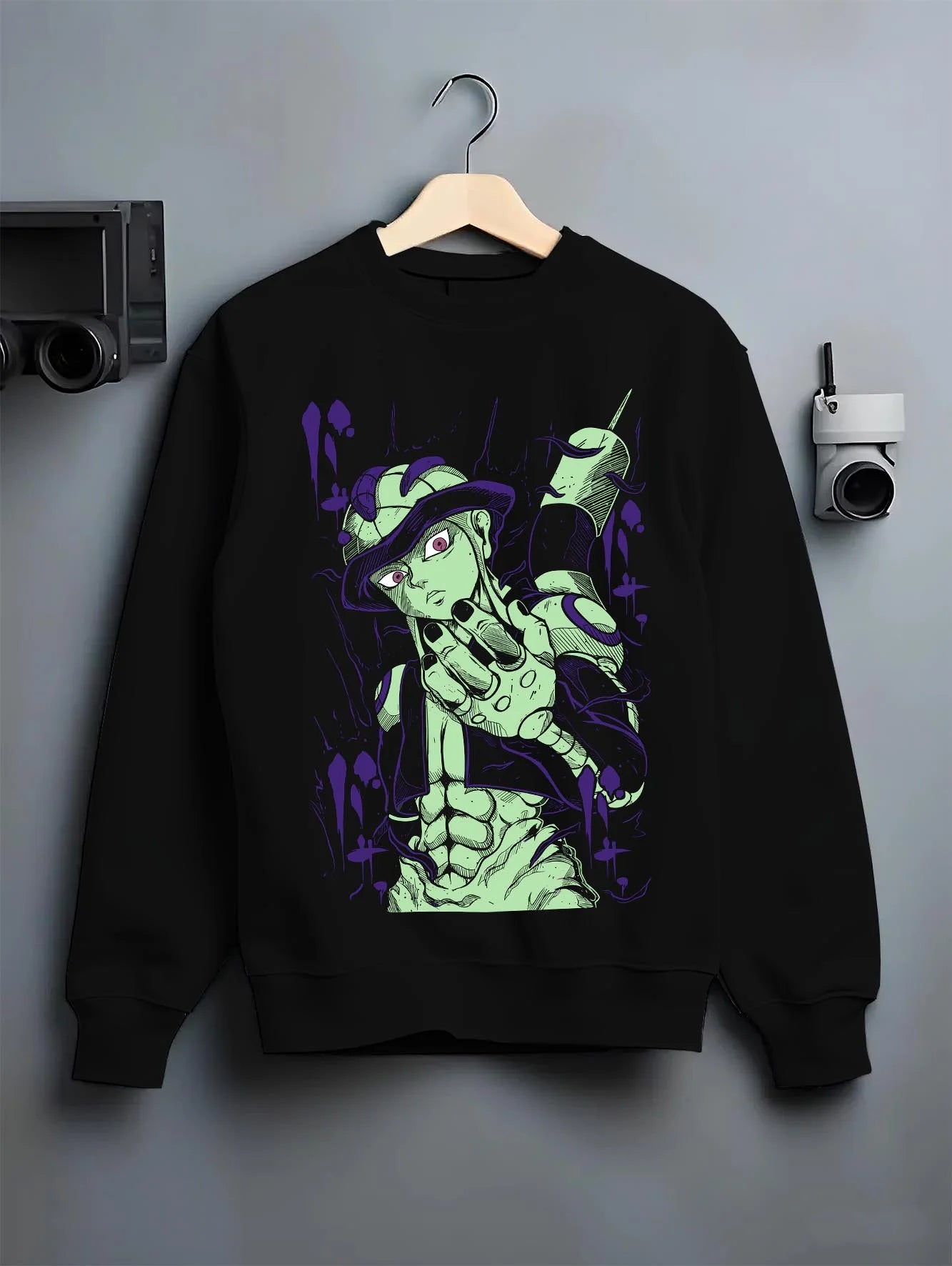 Black crewneck sweatshirt on hanger with Meruem Hoodie Hunter x Hunter Chimera Ant King graphic premium wear.