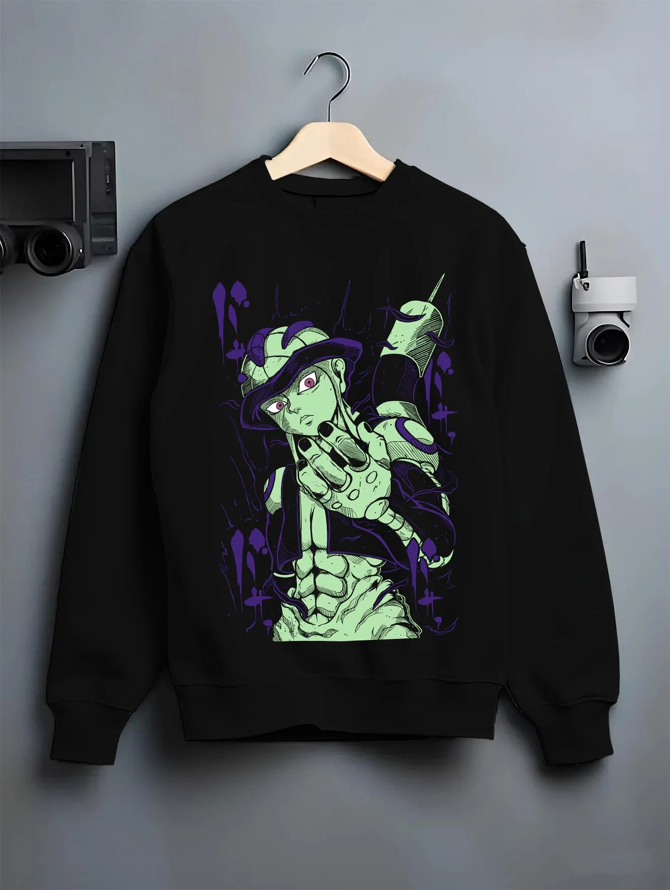 Black crewneck sweatshirt on hanger with Meruem Hoodie Hunter x Hunter Chimera Ant King graphic premium wear.
