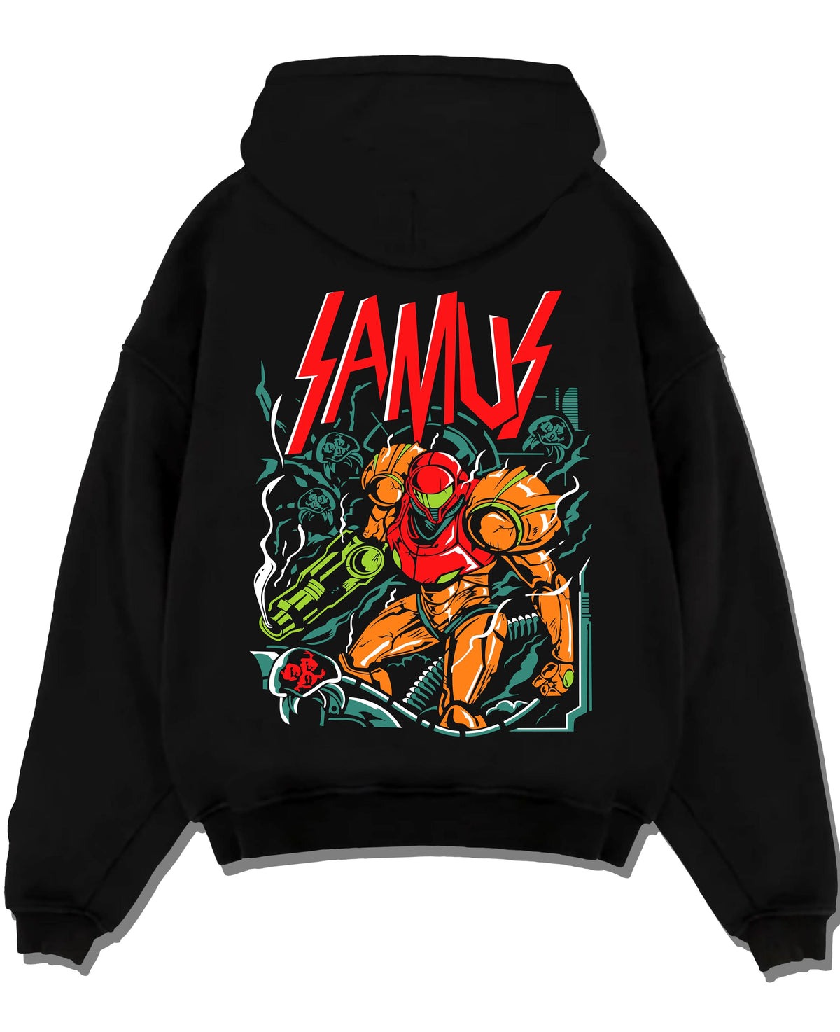 Black hoodie laid flat featuring Samus Aran in the Power Suit artwork.