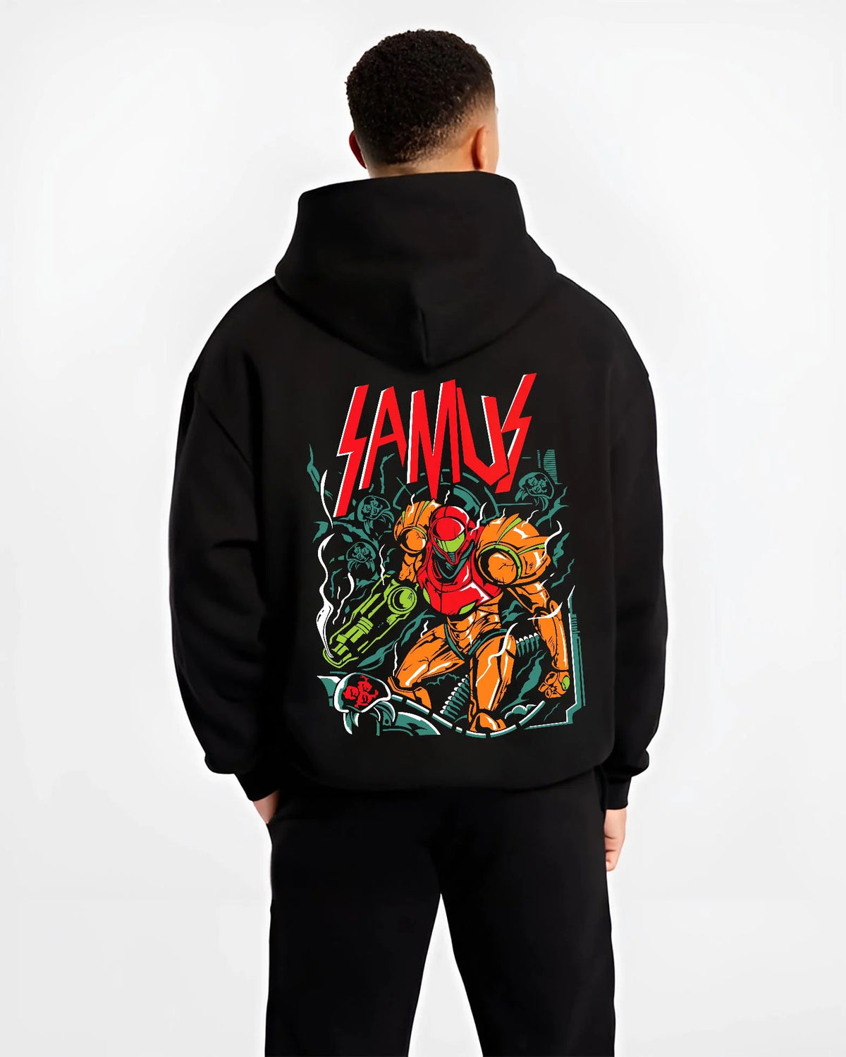 Black hoodie worn by male model from the back featuring Samus Aran in the Power Suit artwork.