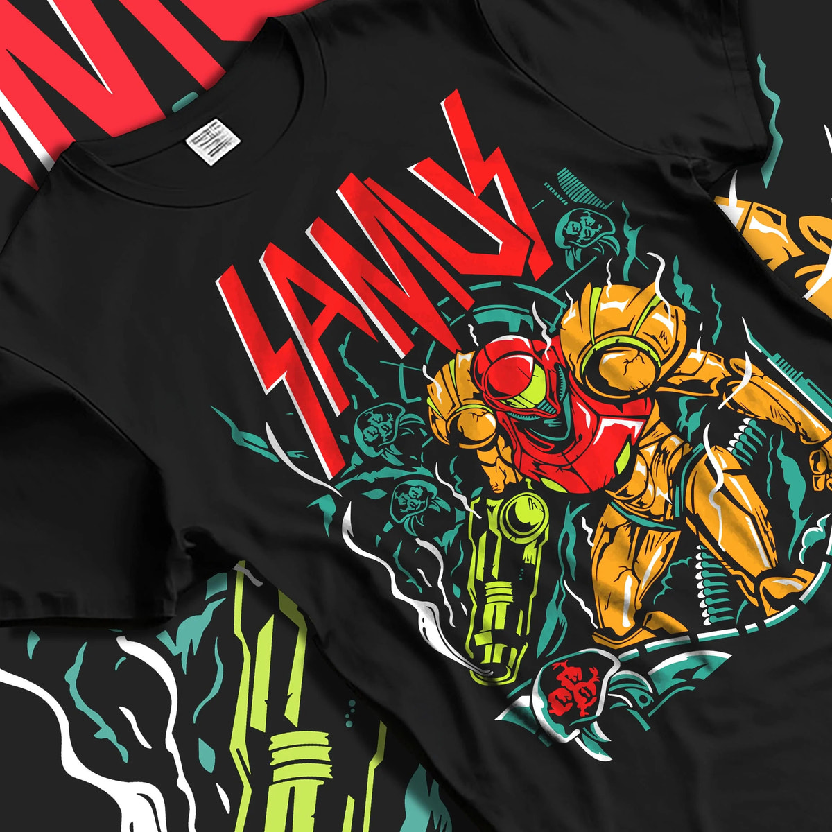 Black T-shirt laid flat with natural folds featuring Samus Aran in the Power Suit artwork.