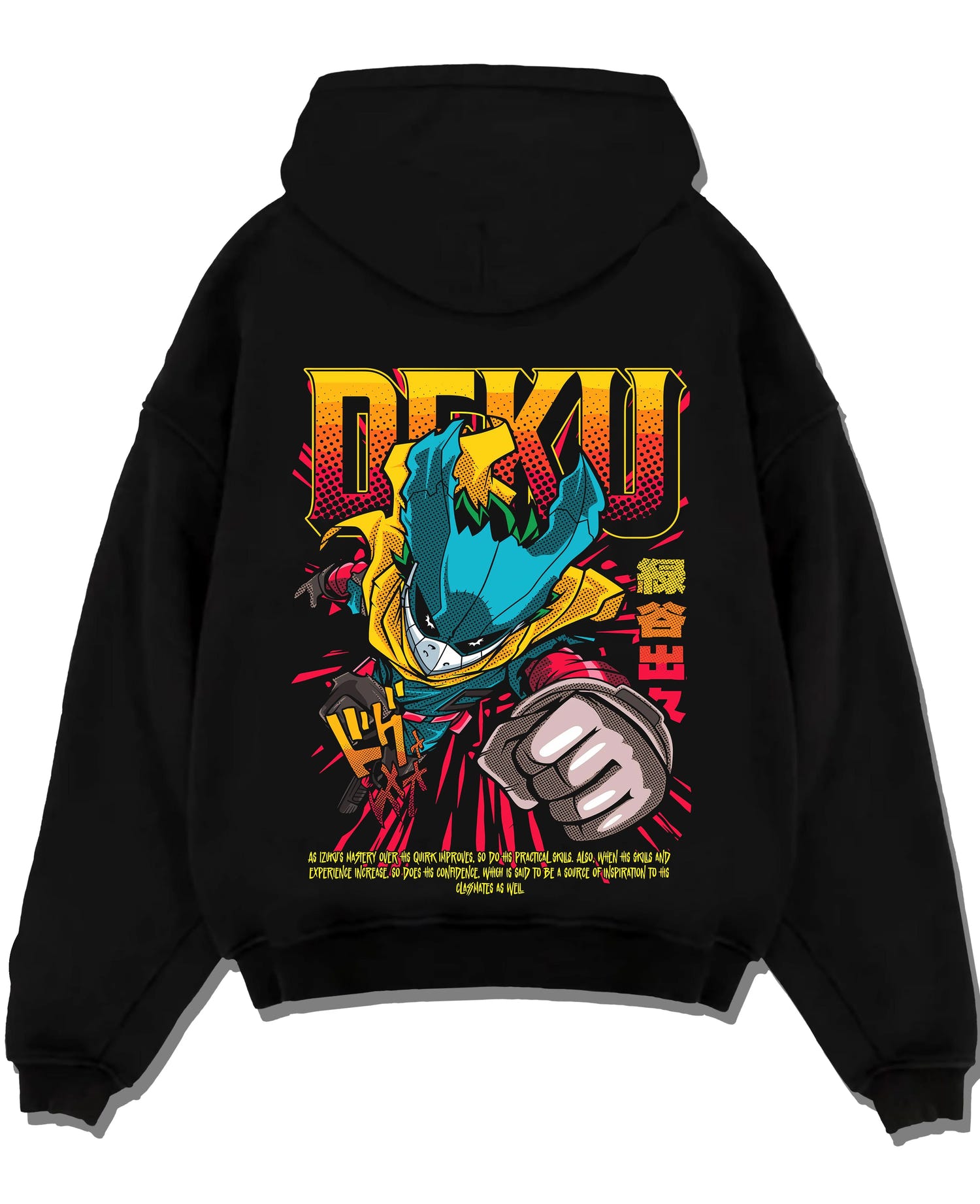 Black pullover hoodie laid flat with Izuku Midoriya Hoodie My Hero Academia One For All graphic bold anime graphic.