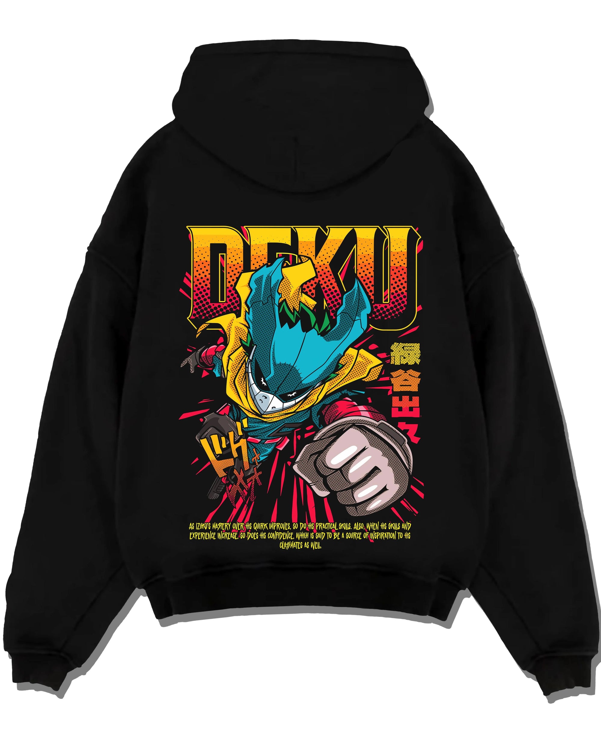 Black pullover hoodie laid flat with Izuku Midoriya Hoodie My Hero Academia One For All graphic bold anime graphic.