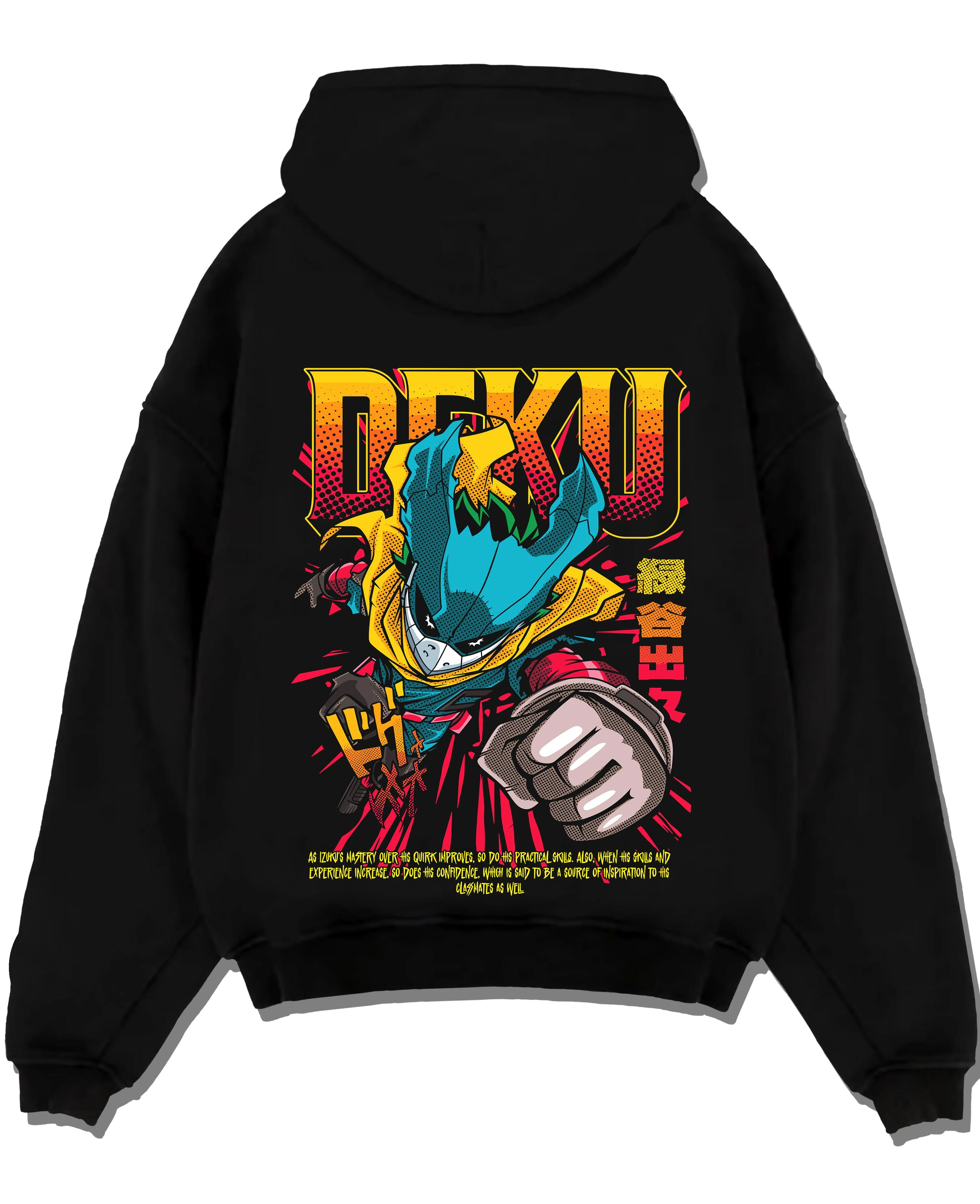 Black pullover hoodie laid flat with Izuku Midoriya Hoodie My Hero Academia One For All graphic bold anime graphic.