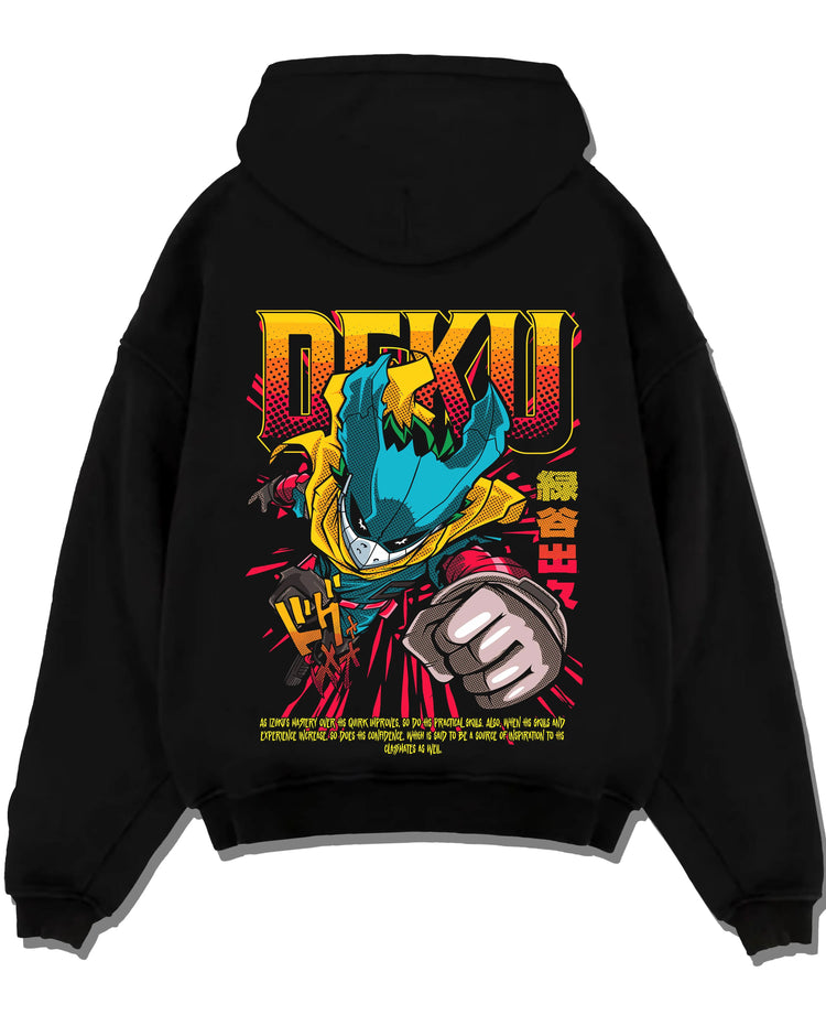 Black pullover hoodie laid flat with Izuku Midoriya Hoodie My Hero Academia One For All graphic bold anime graphic.