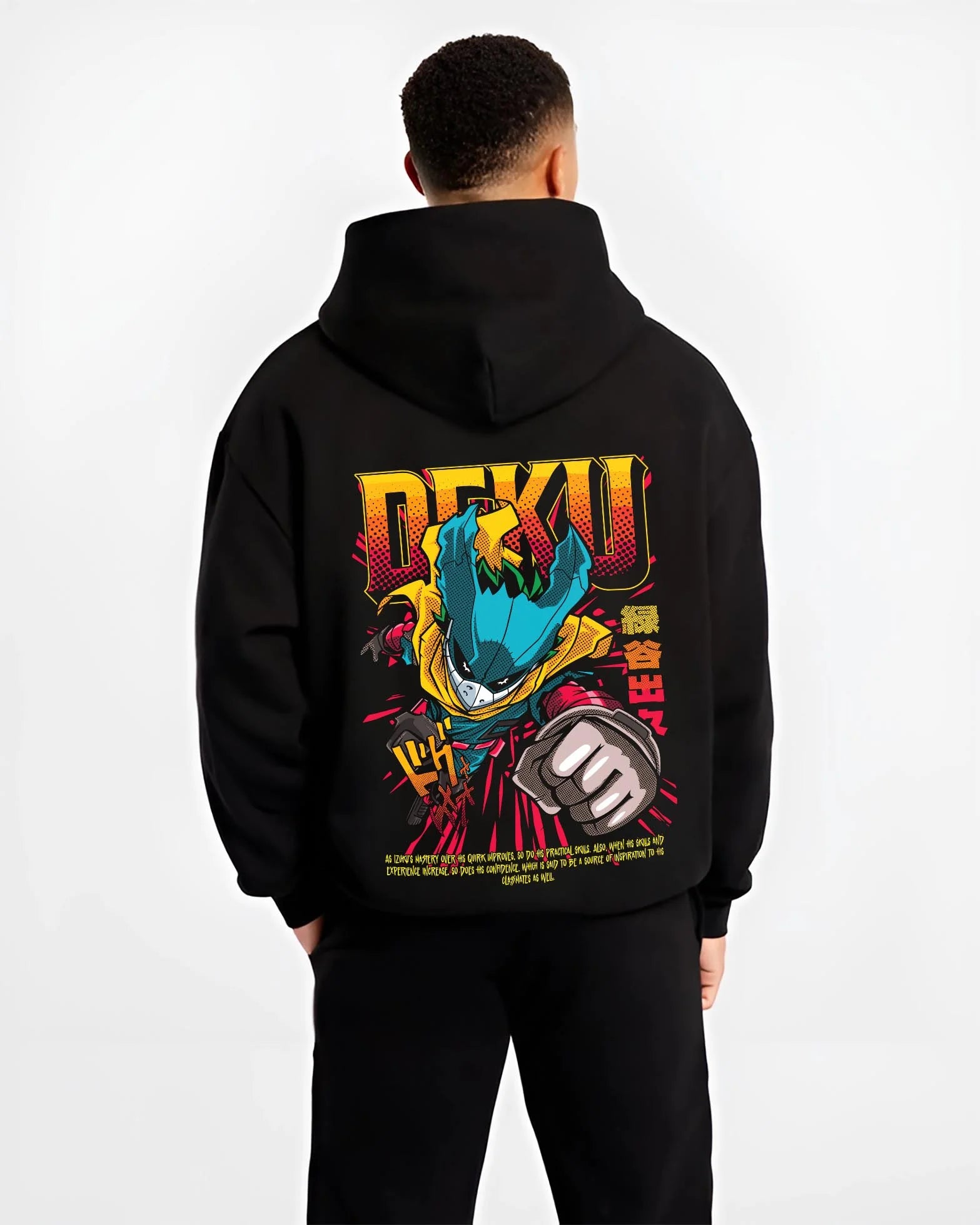 Black hoodie worn by male model, back view with Izuku Midoriya Hoodie My Hero Academia One For All graphic streetwear graphic.