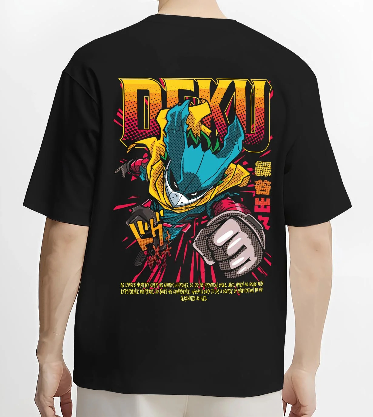 Black T-shirt worn by male model, back view with Izuku Midoriya Hoodie My Hero Academia One For All graphic premium wear.