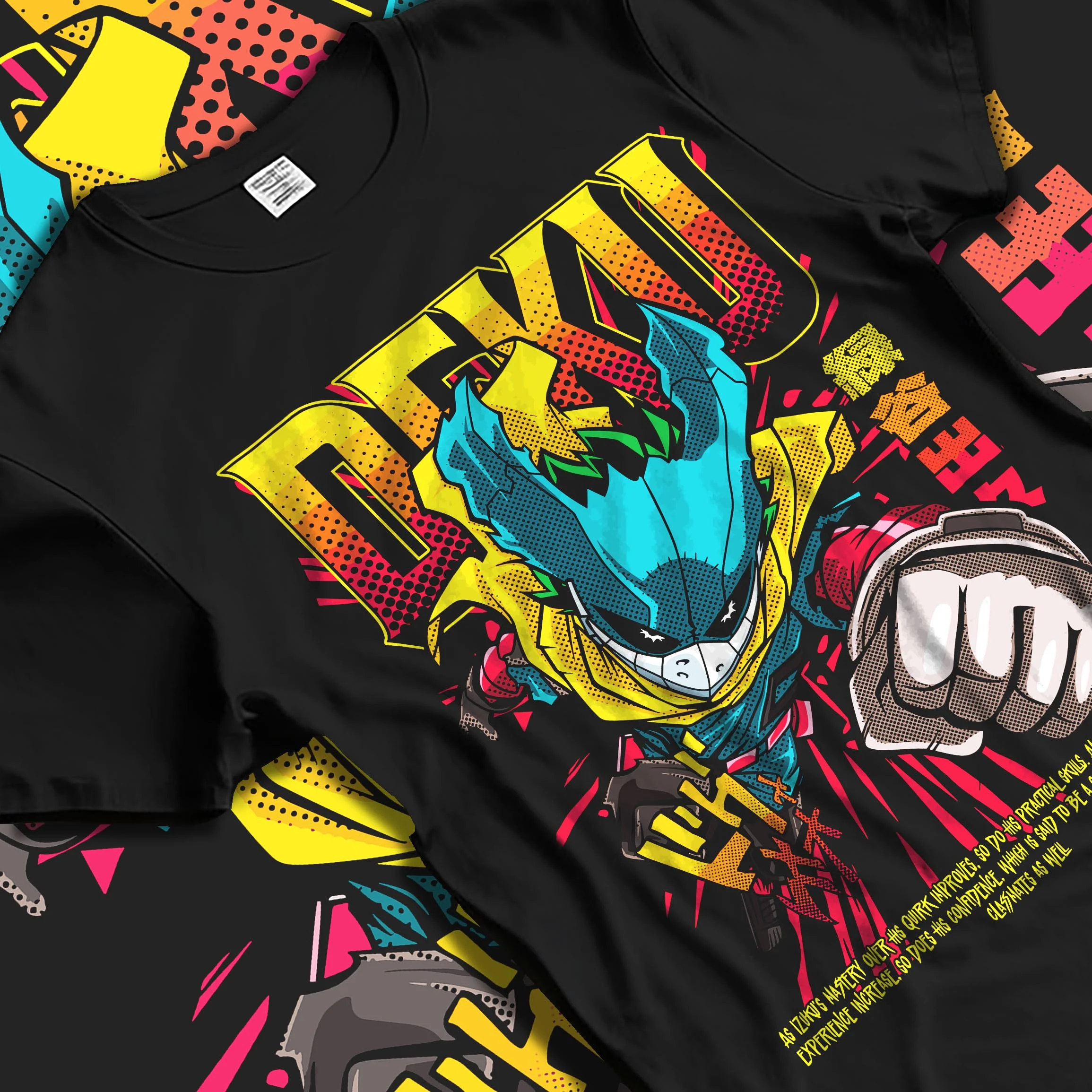 Black T-shirt laid flat with natural folds with Izuku Midoriya Hoodie My Hero Academia One For All graphic bold anime graphic.