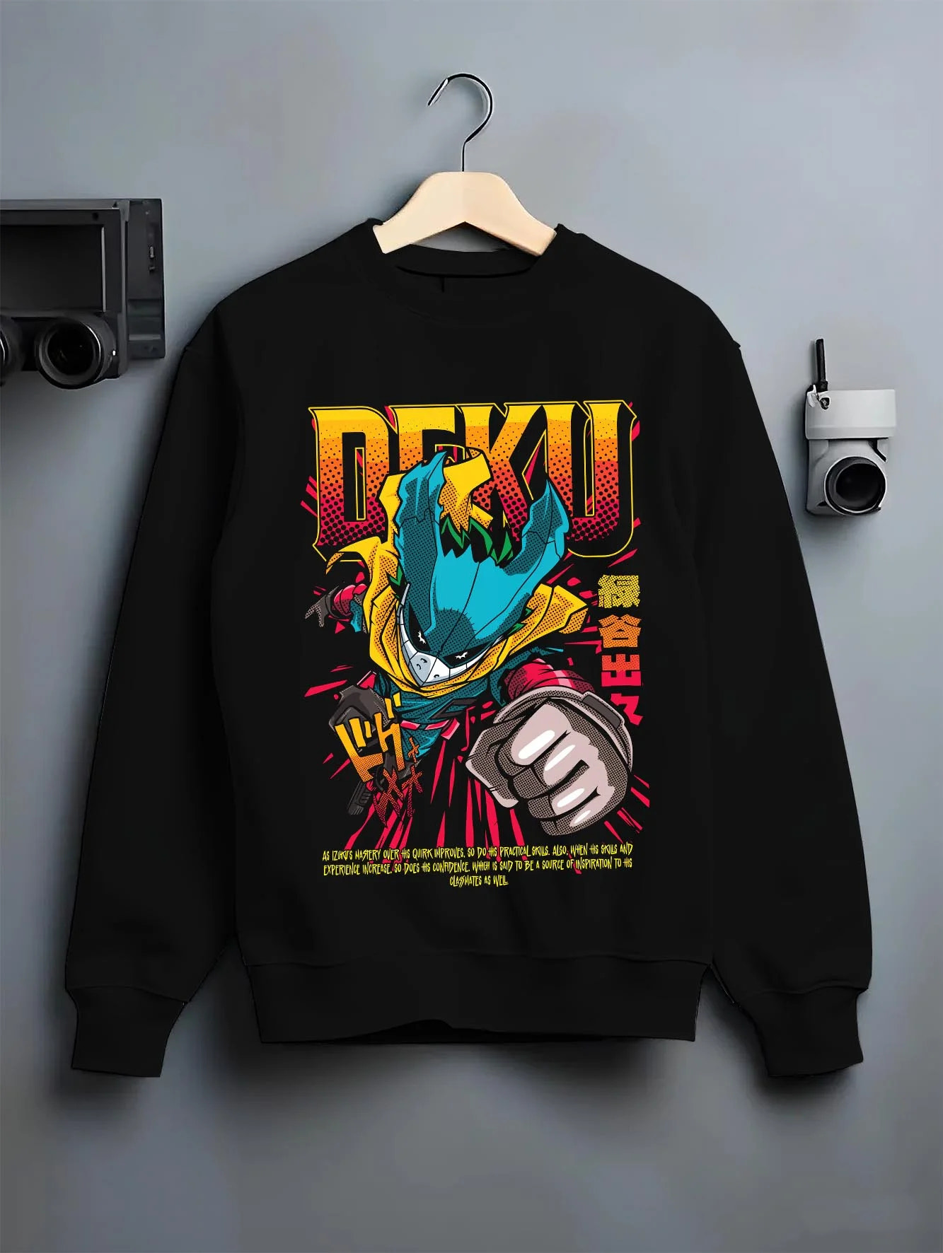 Black crewneck sweatshirt on hanger with Izuku Midoriya Hoodie My Hero Academia One For All graphic premium wear.