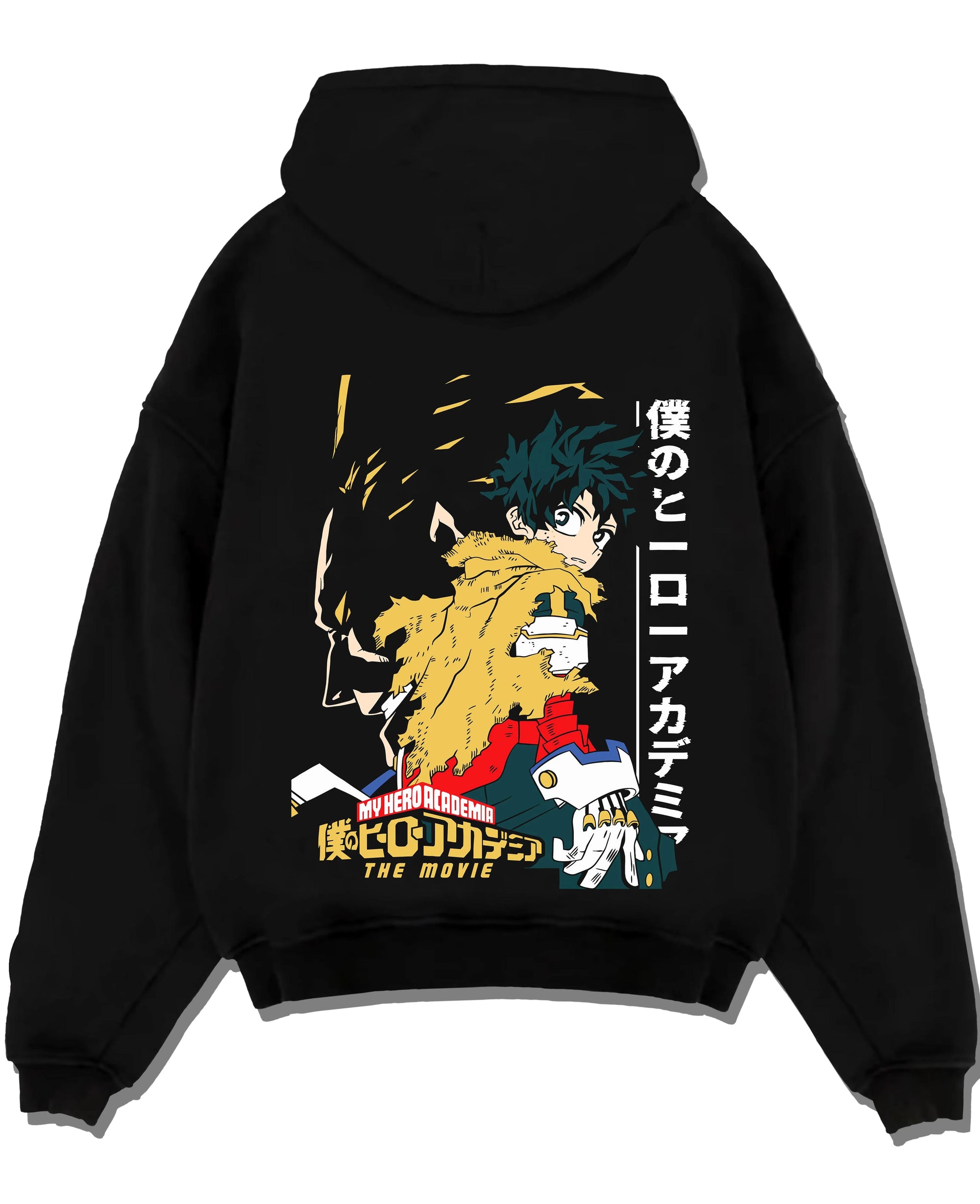 Black pullover hoodie laid flat with Izuku Midoriya Hoodie My Hero Academia Movie graphic bold anime graphic.