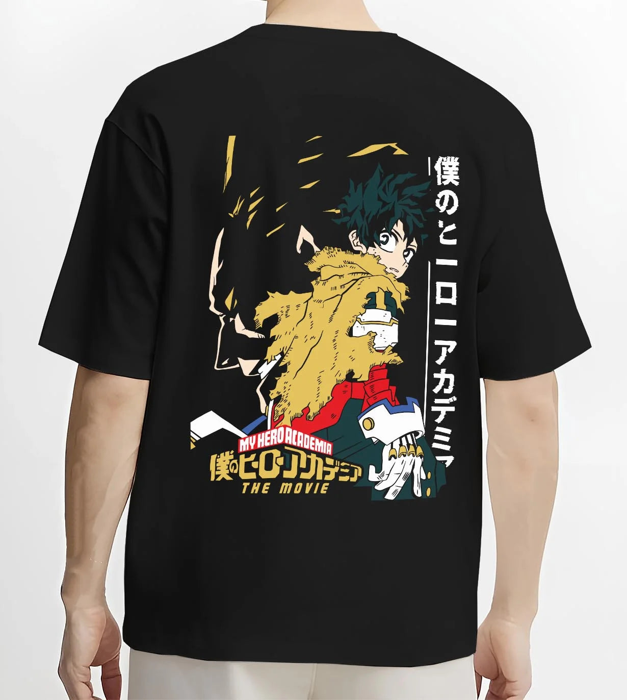 Black T-shirt worn by male model, back view with Izuku Midoriya Hoodie My Hero Academia Movie graphic streetwear graphic.