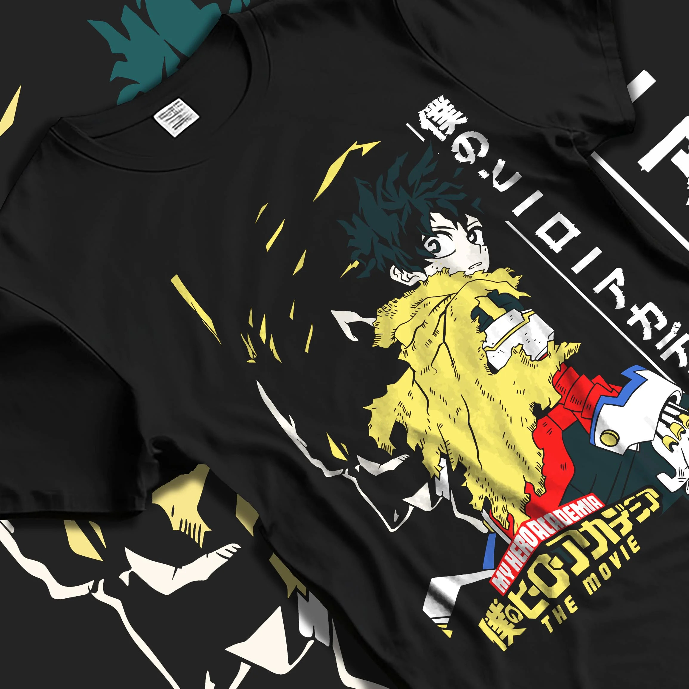 Black T-shirt laid flat with natural folds with Izuku Midoriya Hoodie My Hero Academia Movie graphic bold anime graphic.