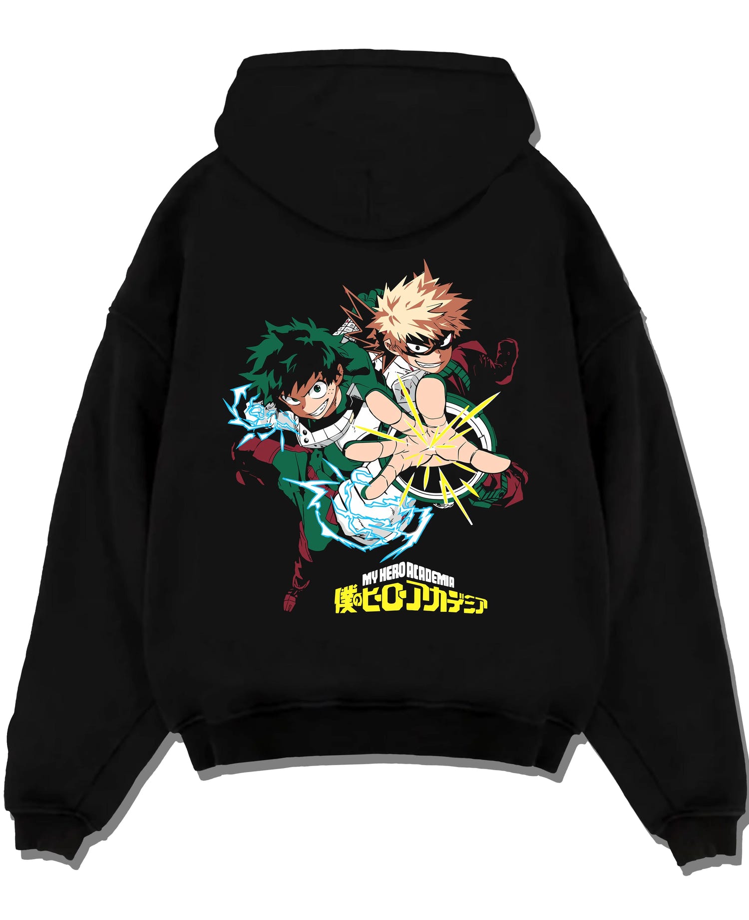 Black pullover hoodie laid flat with Deku Bakugo Hoodie My Hero Academia Training Arc graphic streetwear graphic.
