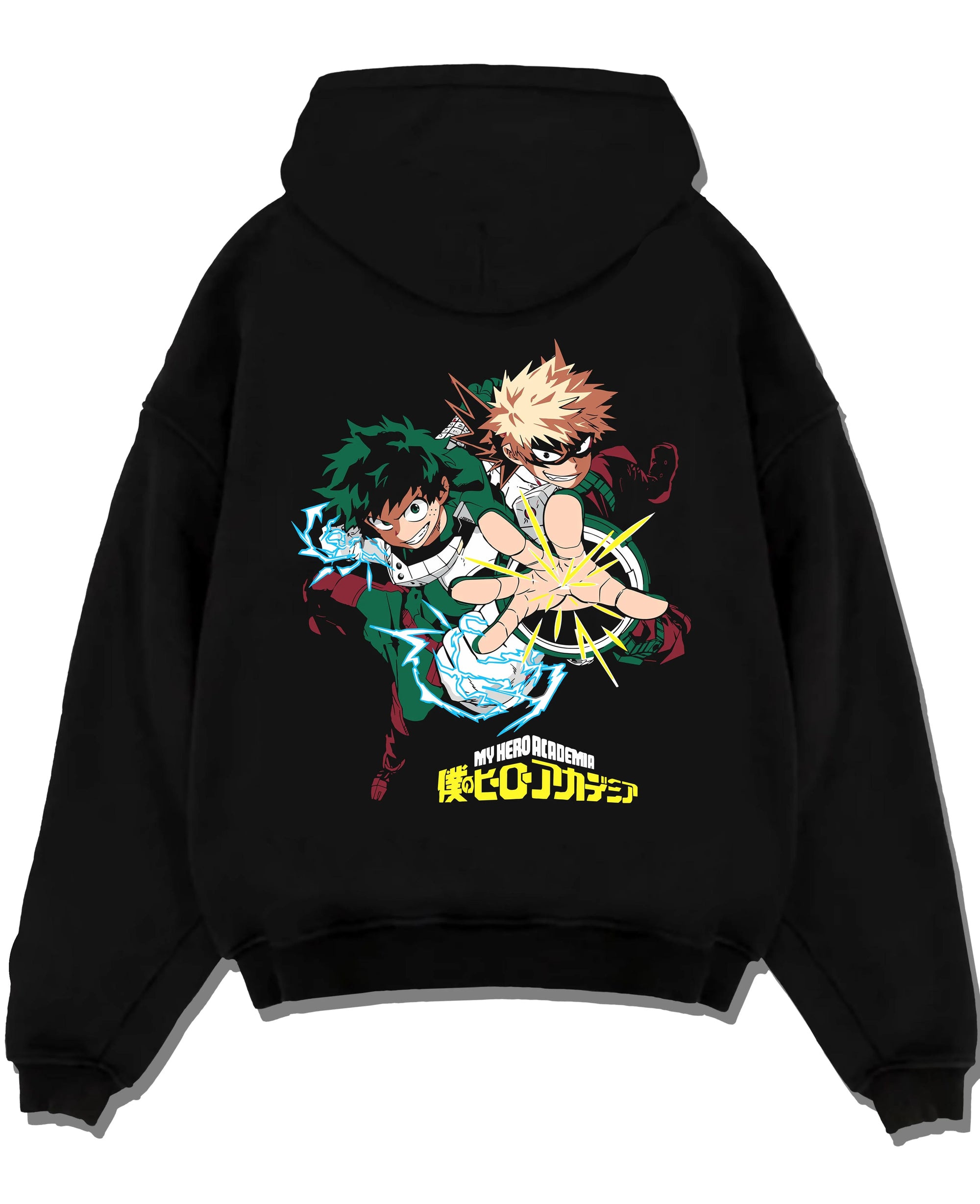 Black pullover hoodie laid flat with Deku Bakugo Hoodie My Hero Academia Training Arc graphic streetwear graphic.
