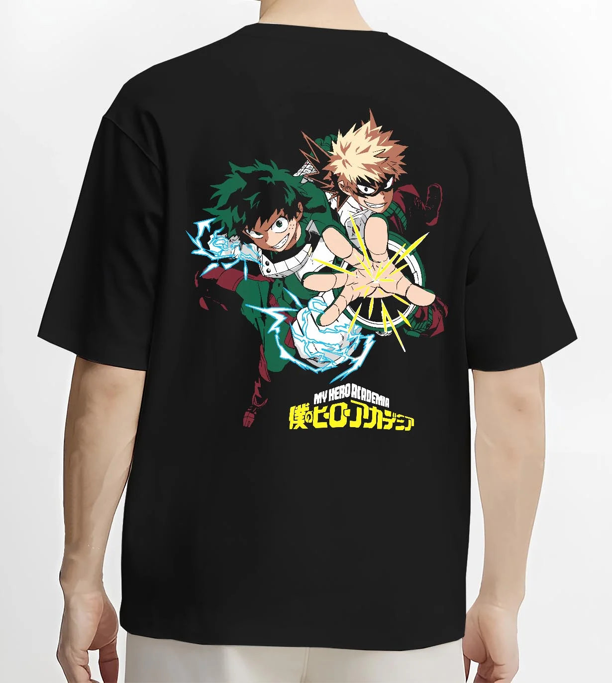 Black T-shirt worn by male model, back view with Deku Bakugo Hoodie My Hero Academia Training Arc graphic streetwear graphic.