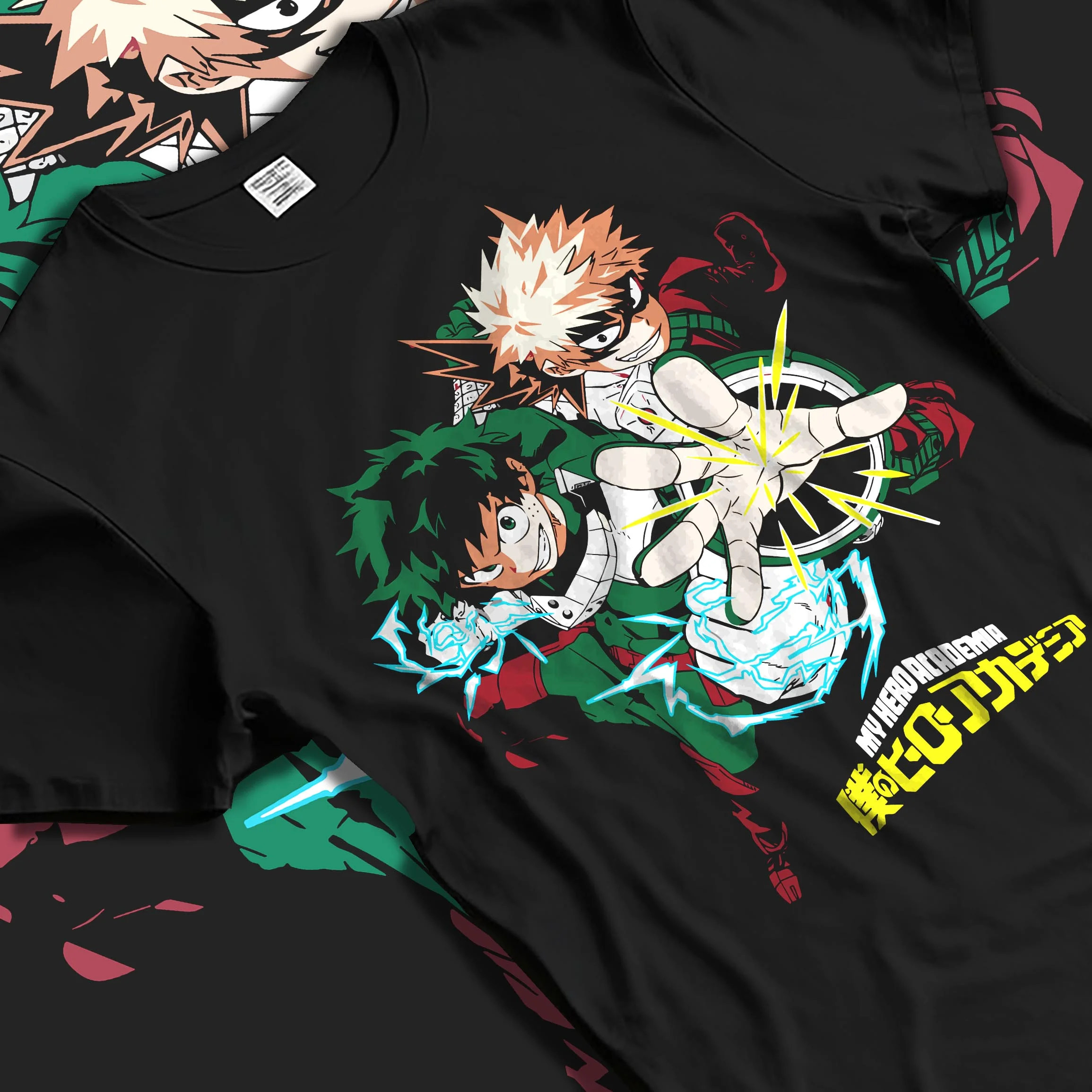 Black T-shirt laid flat with natural folds with Deku Bakugo Hoodie My Hero Academia Training Arc graphic streetwear graphic.