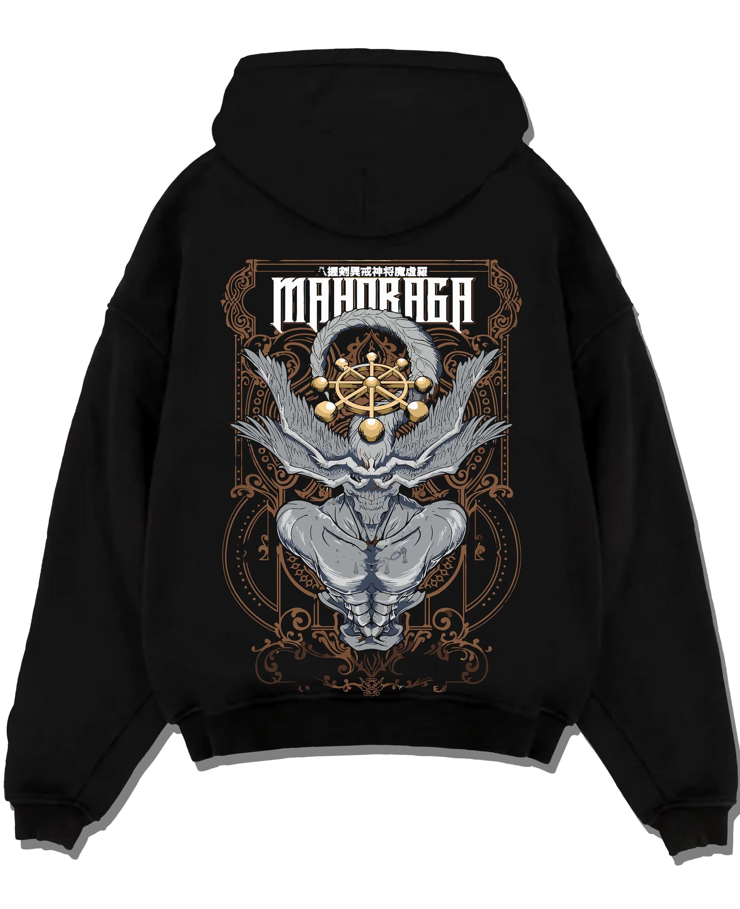 Black pullover hoodie laid flat with Mahoraga Hoodie Jujutsu Kaisen Wheel of Fate graphic premium wear.