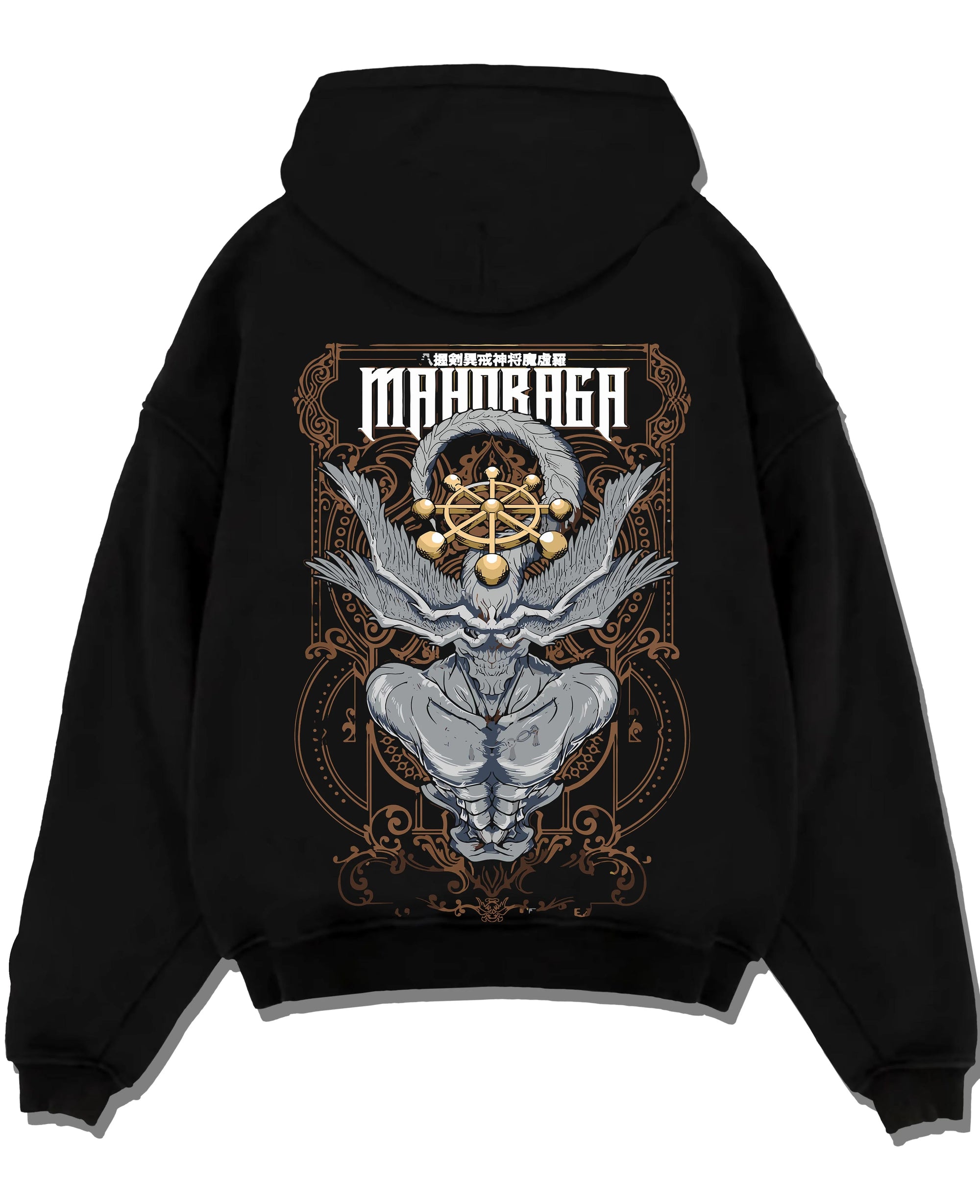 Black pullover hoodie laid flat with Mahoraga Hoodie Jujutsu Kaisen Wheel of Fate graphic premium wear.