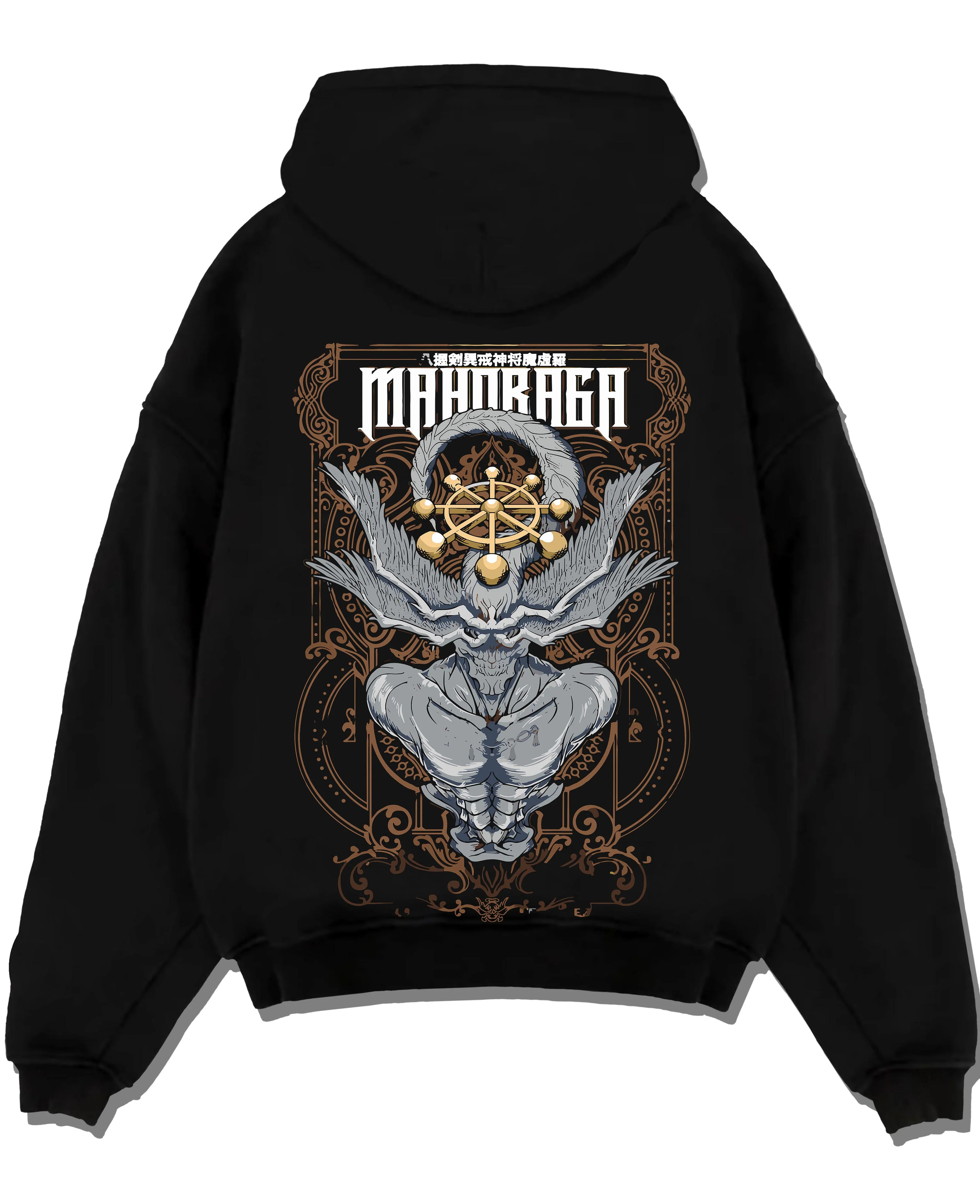 Black pullover hoodie laid flat with Mahoraga Hoodie Jujutsu Kaisen Wheel of Fate graphic premium wear.