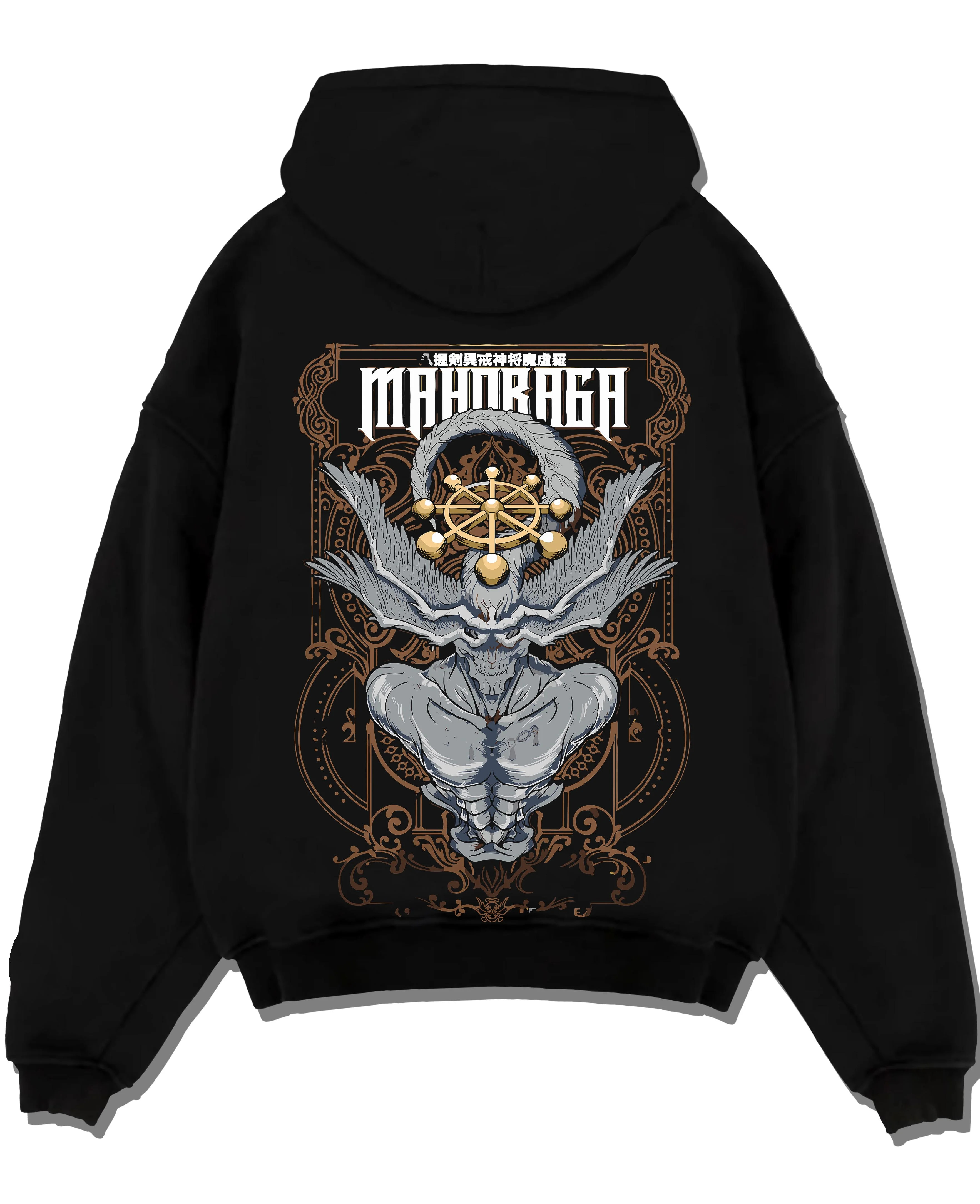 Black pullover hoodie laid flat with Mahoraga Hoodie Jujutsu Kaisen Wheel of Fate graphic premium wear.