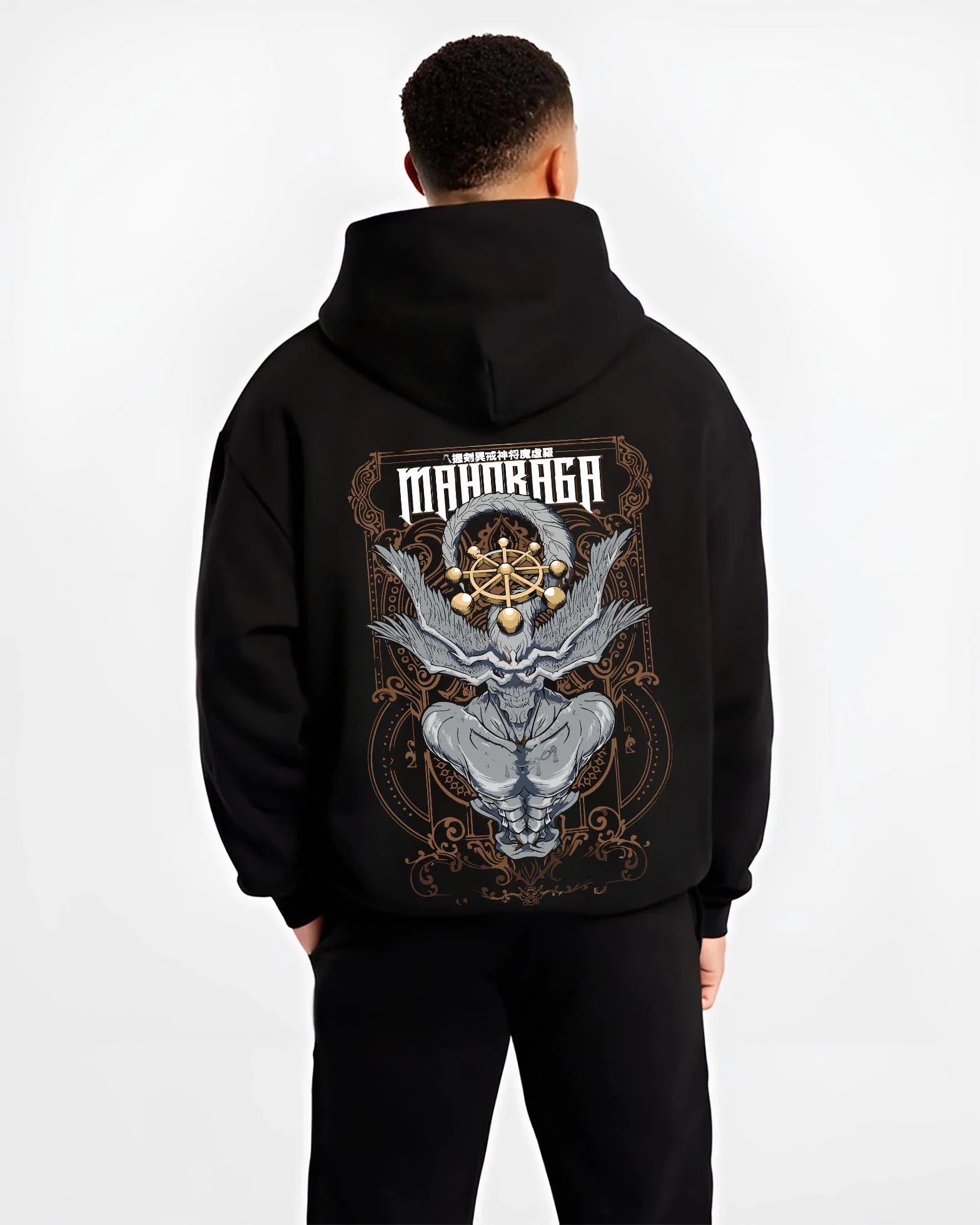 Black hoodie worn by male model, back view with Mahoraga Hoodie Jujutsu Kaisen Wheel of Fate graphic streetwear graphic.