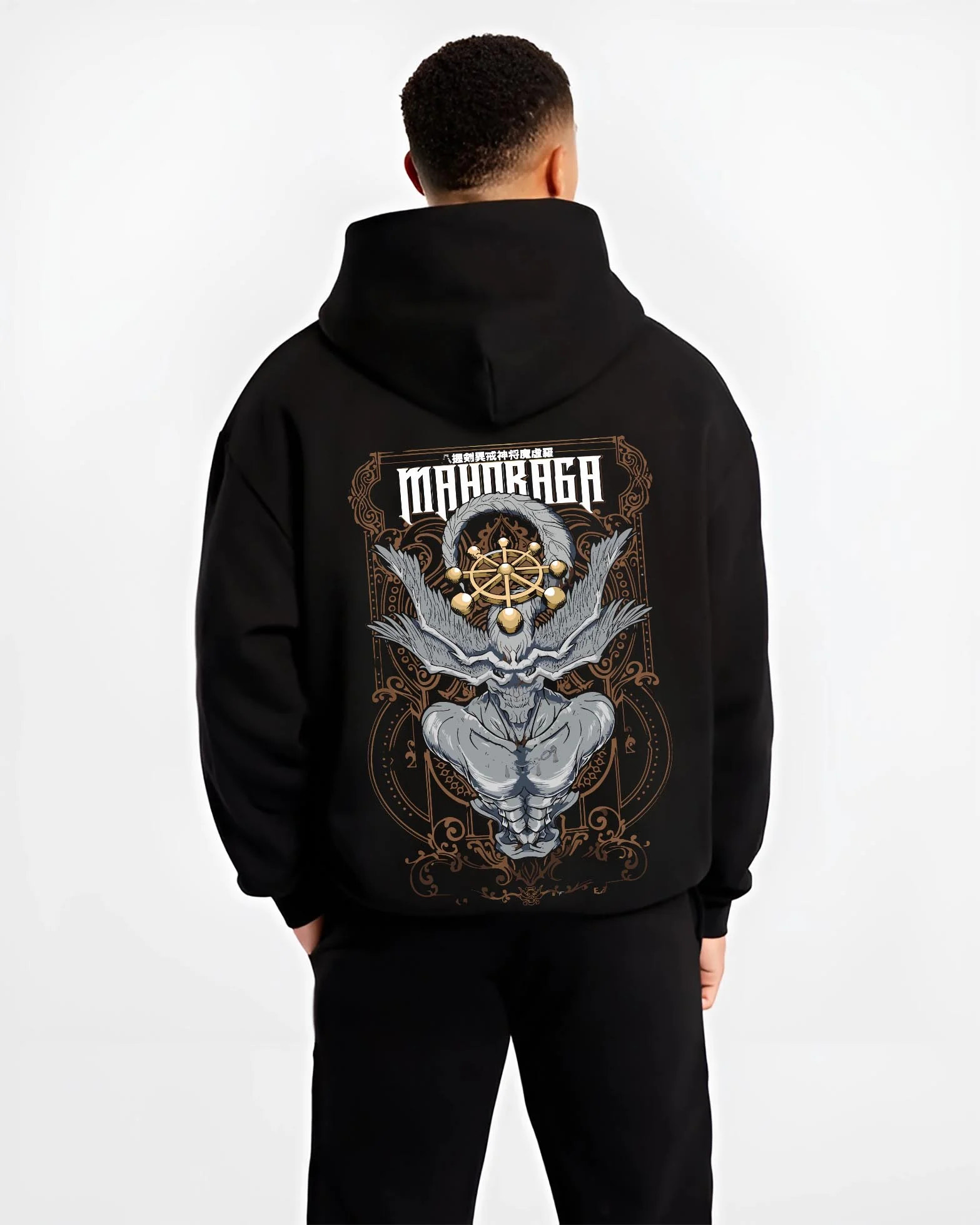 Black hoodie worn by male model, back view with Mahoraga Hoodie Jujutsu Kaisen Wheel of Fate graphic streetwear graphic.