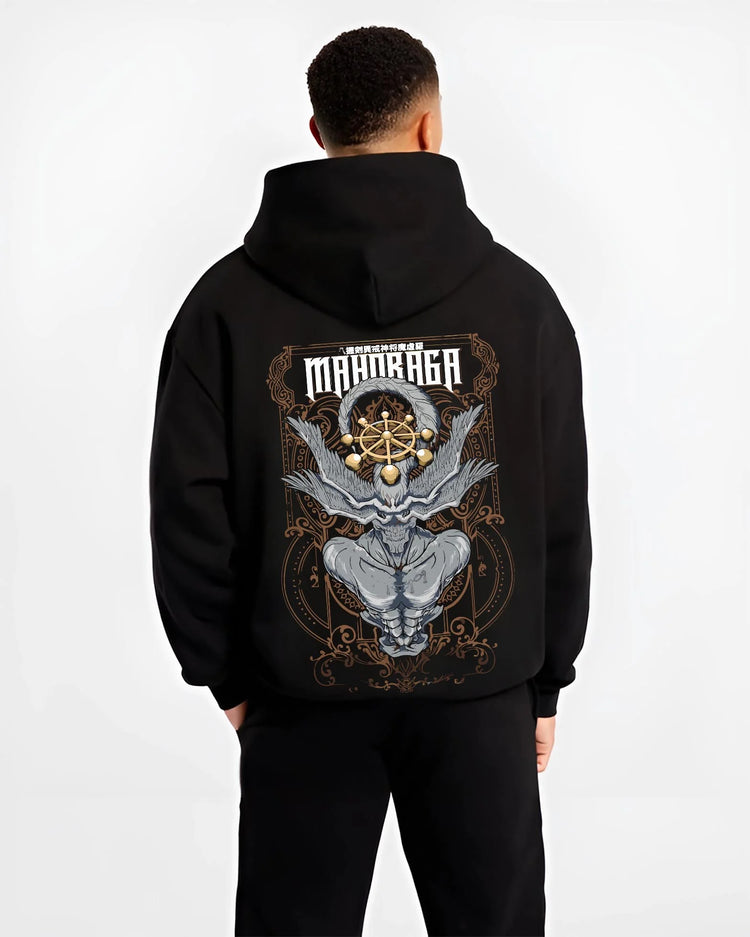 Black hoodie worn by male model, back view with Mahoraga Hoodie Jujutsu Kaisen Wheel of Fate graphic streetwear graphic.