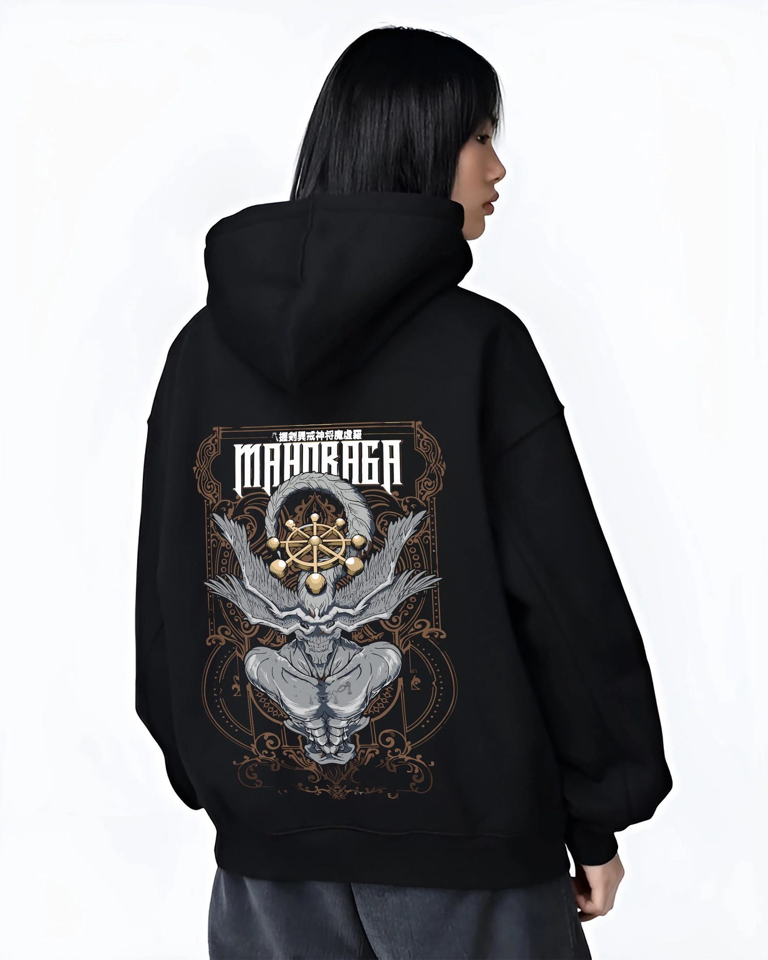 Black hoodie worn by female model, back view with Mahoraga Hoodie Jujutsu Kaisen Wheel of Fate graphic premium wear.