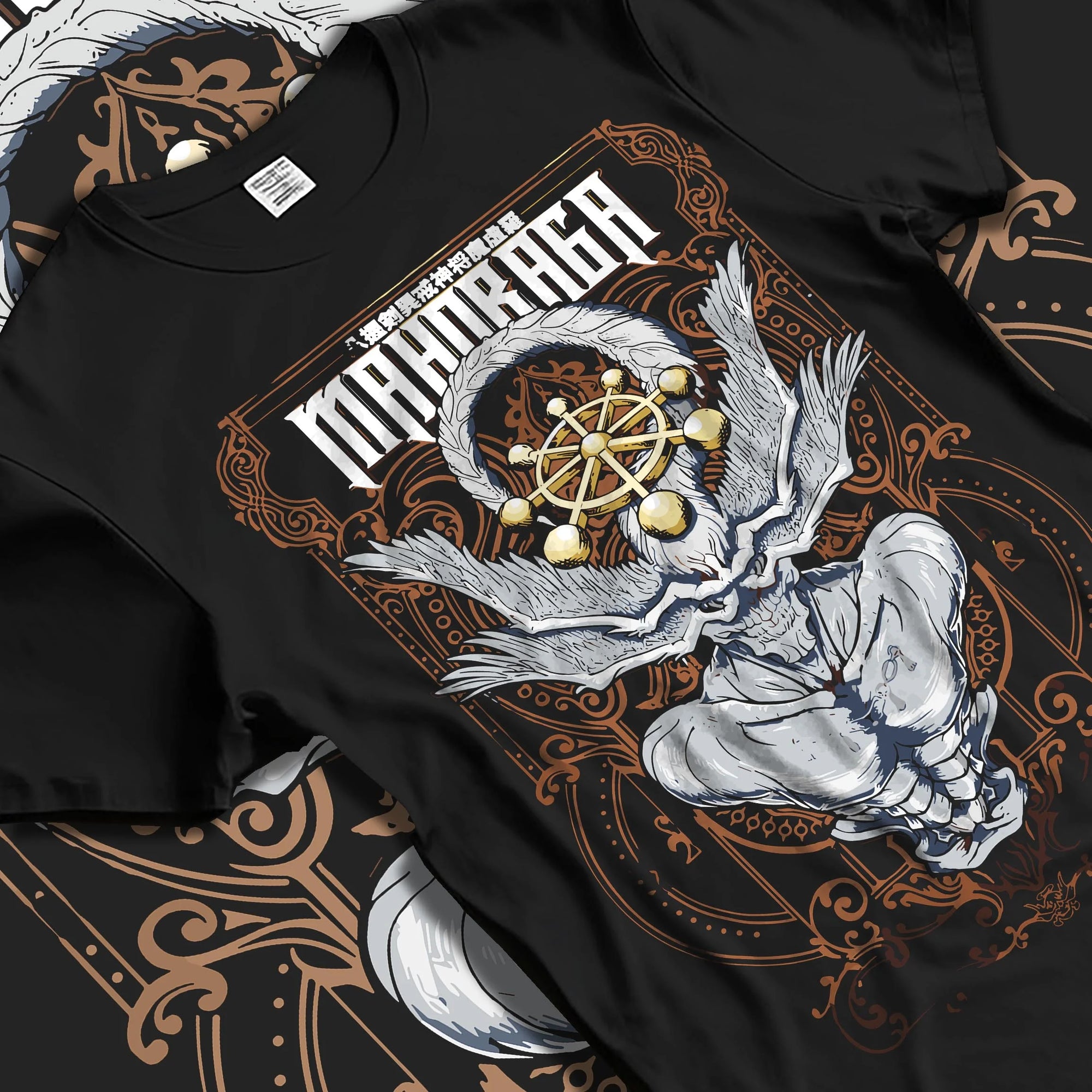 Black T-shirt laid flat with natural folds with Mahoraga Hoodie Jujutsu Kaisen Wheel of Fate graphic bold anime graphic.