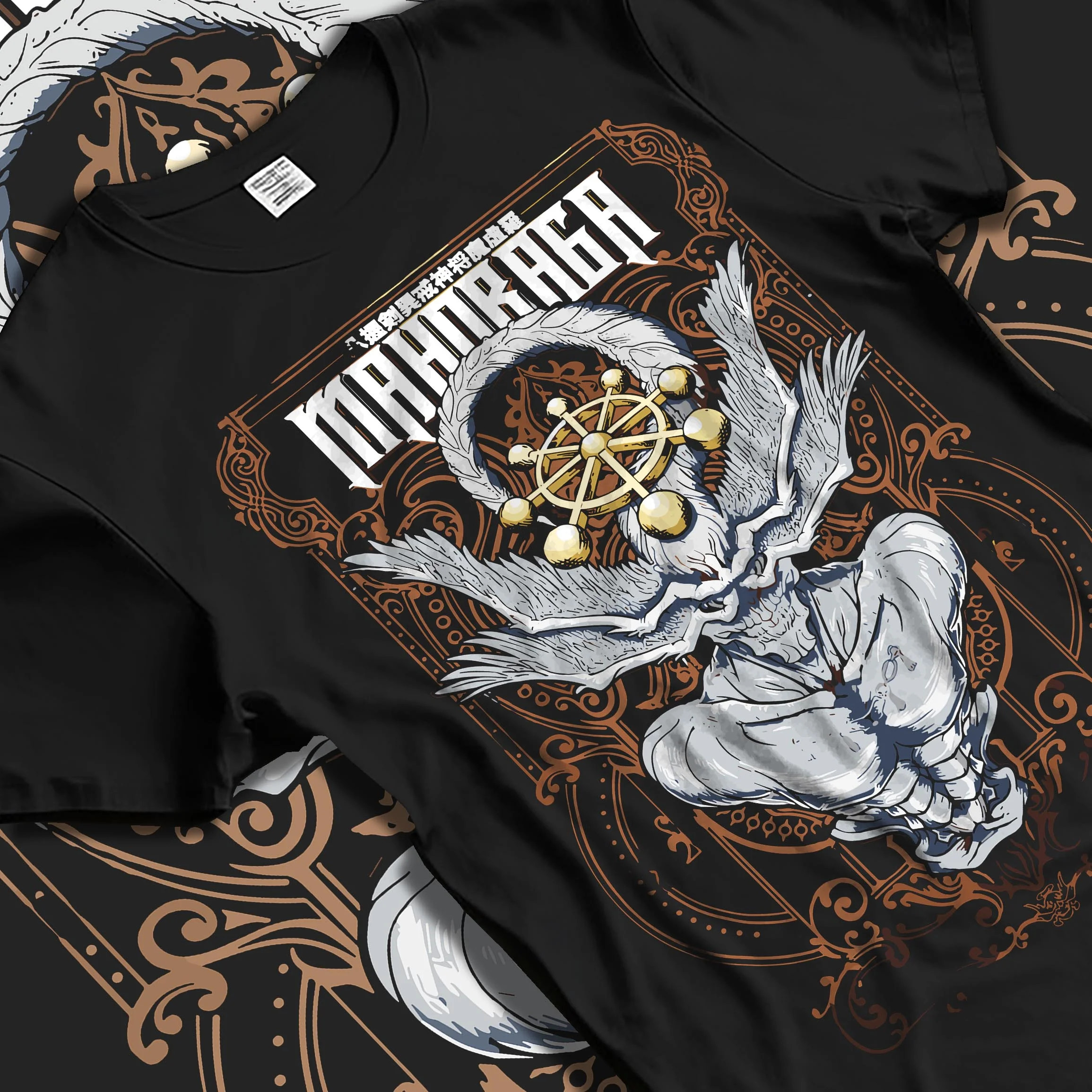 Black T-shirt laid flat with natural folds with Mahoraga Hoodie Jujutsu Kaisen Wheel of Fate graphic bold anime graphic.