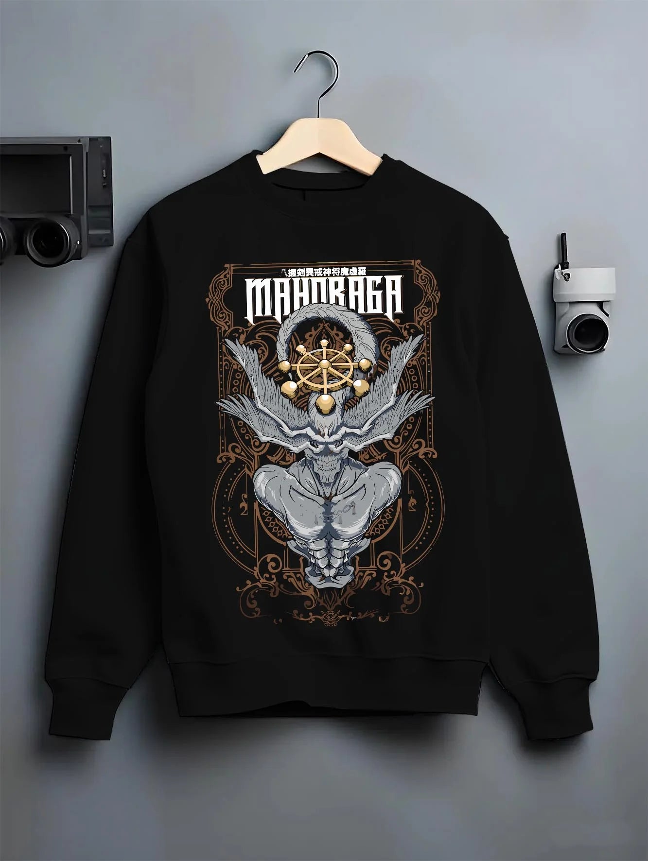 Black crewneck sweatshirt on hanger with Mahoraga Hoodie Jujutsu Kaisen Wheel of Fate graphic bold anime graphic.