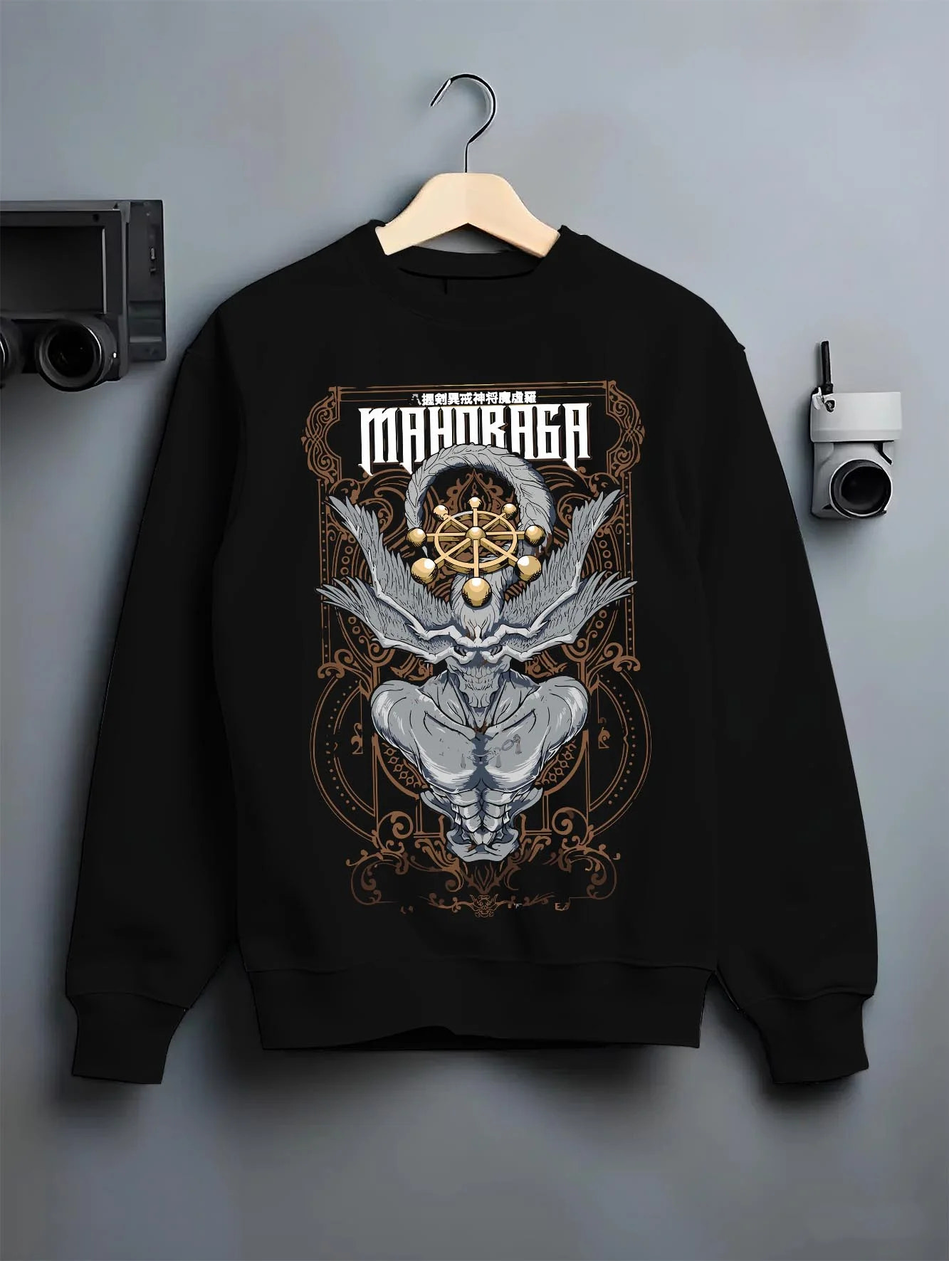 Black crewneck sweatshirt on hanger with Mahoraga Hoodie Jujutsu Kaisen Wheel of Fate graphic bold anime graphic.
