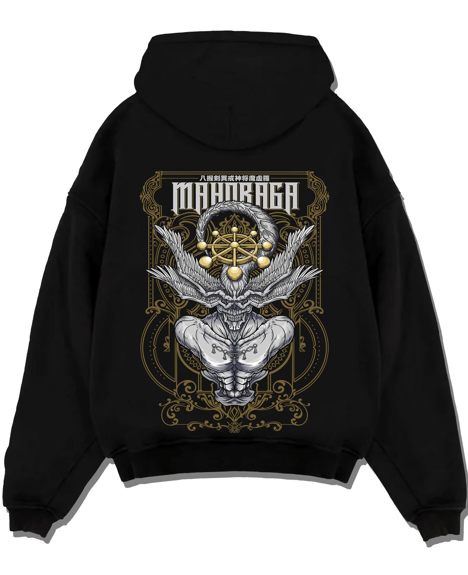 Black pullover hoodie laid flat with Mahoraga Hoodie Jujutsu Kaisen Cursed Technique graphic premium wear.