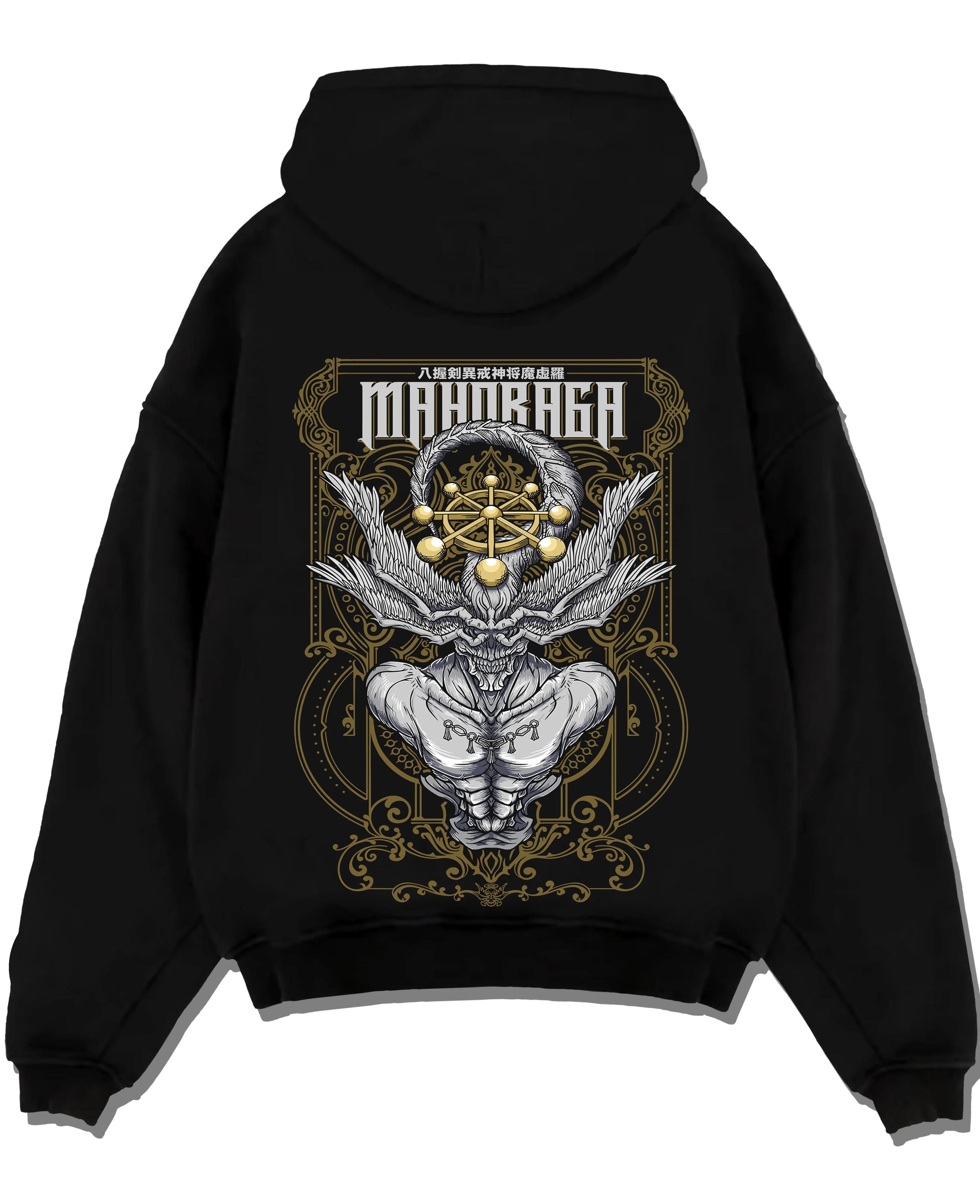 Black pullover hoodie laid flat with Mahoraga Hoodie Jujutsu Kaisen Cursed Technique graphic premium wear.