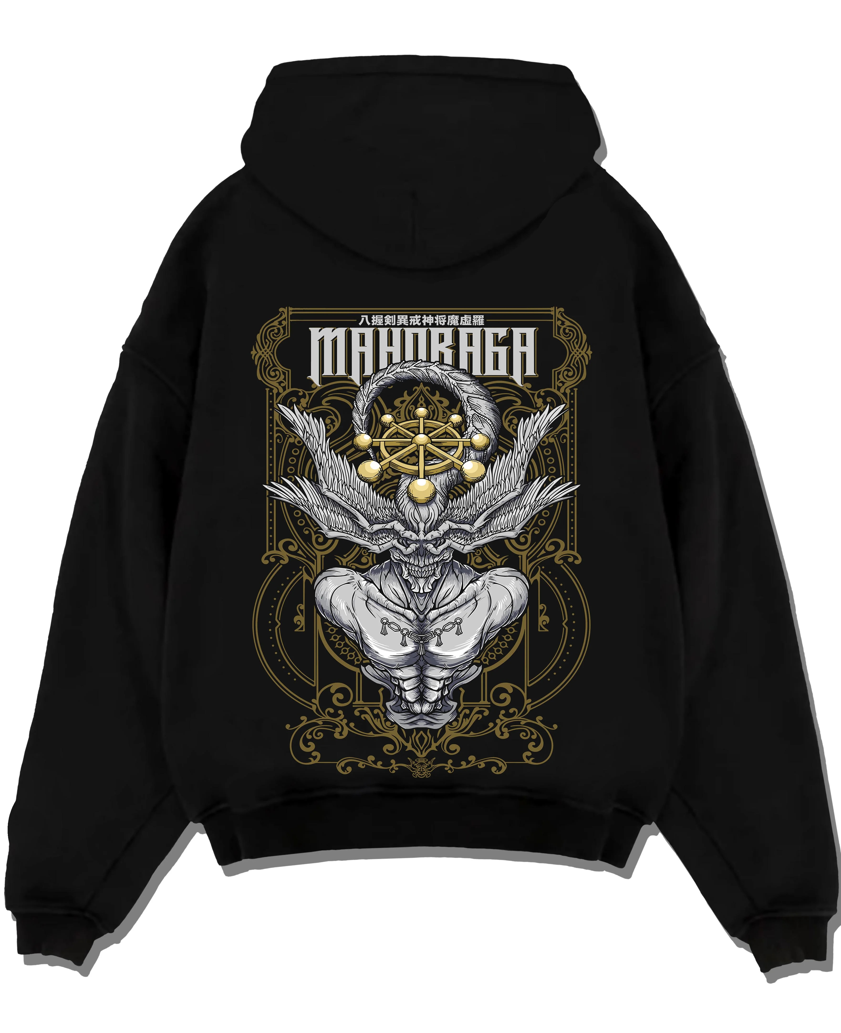 Black pullover hoodie laid flat with Mahoraga Hoodie Jujutsu Kaisen Cursed Technique graphic premium wear.