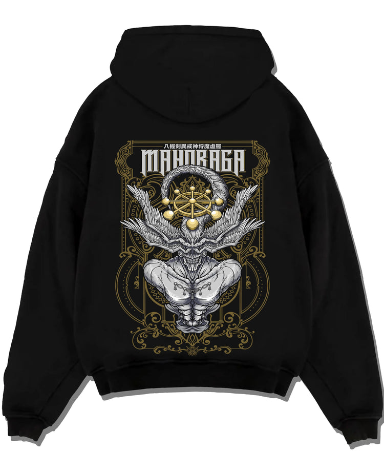 Black pullover hoodie laid flat with Mahoraga Hoodie Jujutsu Kaisen Cursed Technique graphic premium wear.