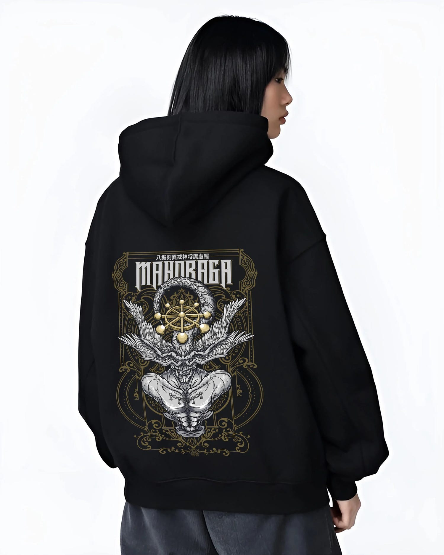 Black hoodie worn by female model, back view with Mahoraga Hoodie Jujutsu Kaisen Cursed Technique graphic premium wear.